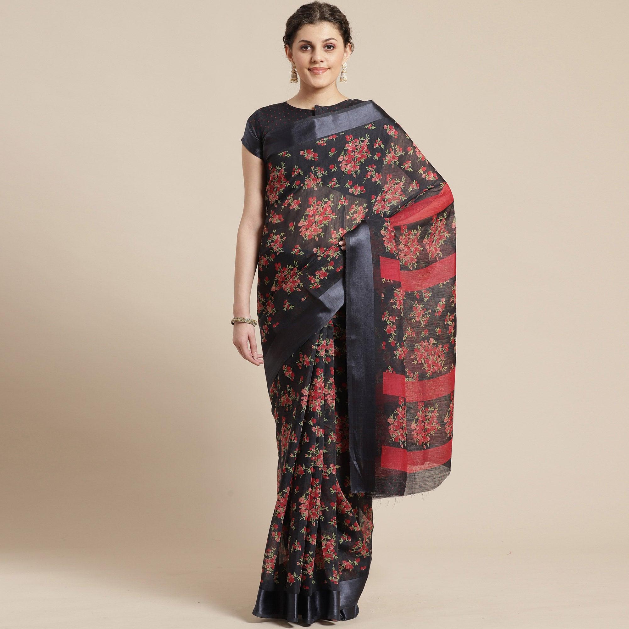 Engrossing Black Colored Casual Wear Floral Printed Cotton Silk Saree - Peachmode
