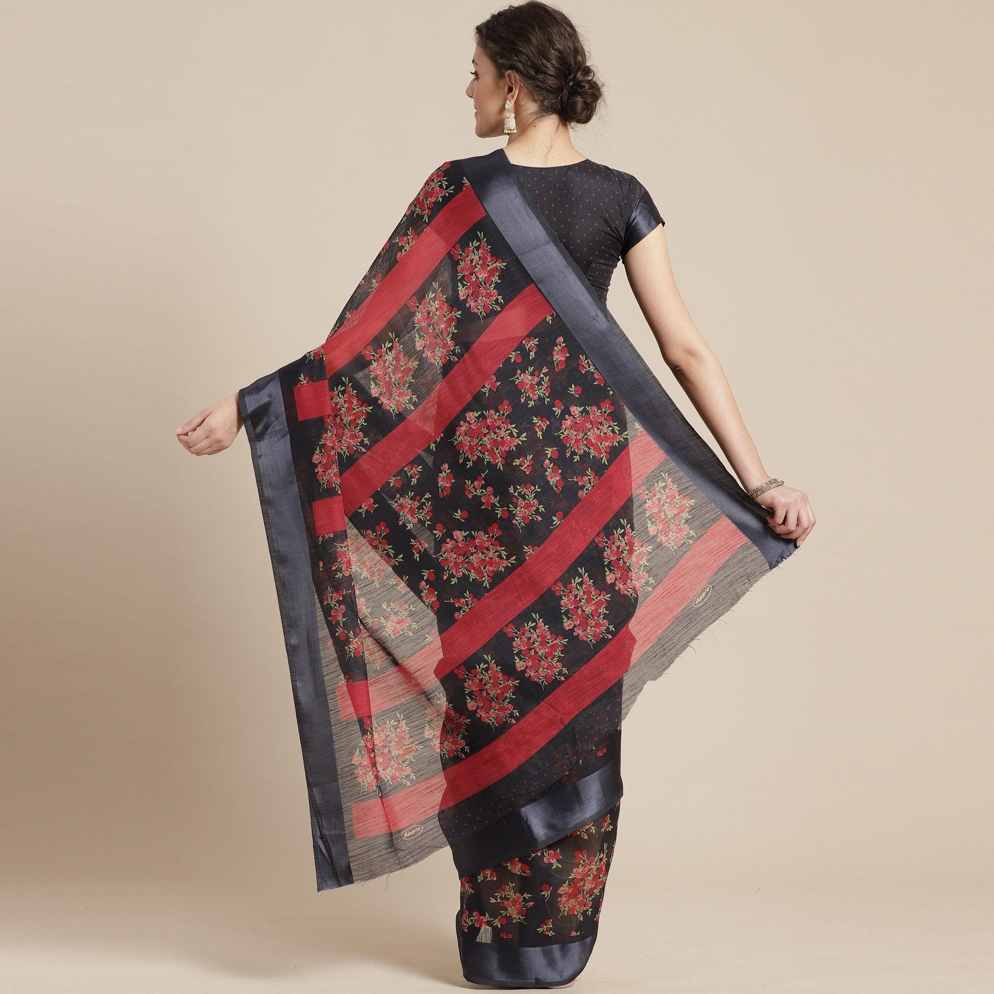 Engrossing Black Colored Casual Wear Floral Printed Cotton Silk Saree - Peachmode