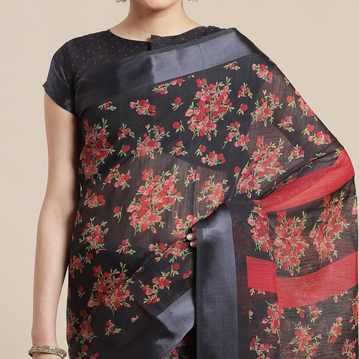 Engrossing Black Colored Casual Wear Floral Printed Cotton Silk Saree - Peachmode