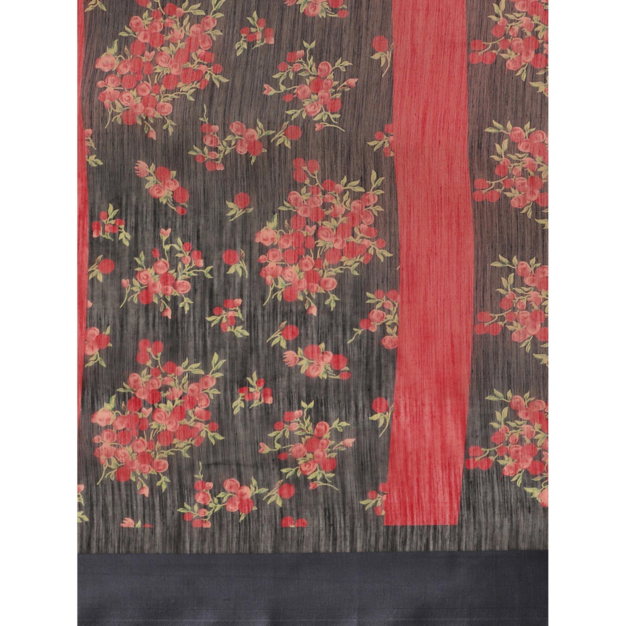 Engrossing Black Colored Casual Wear Floral Printed Cotton Silk Saree - Peachmode