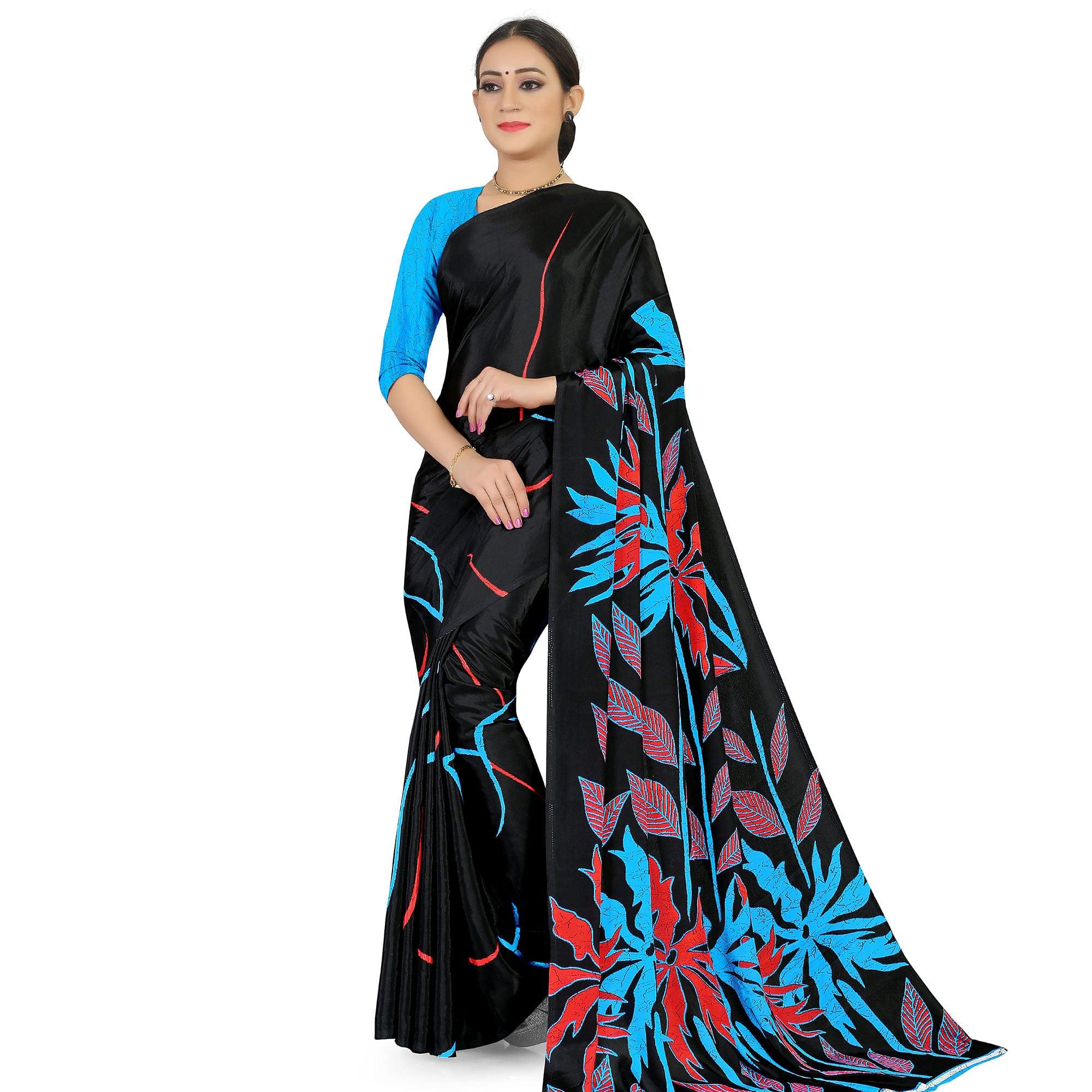 Engrossing Black Colored Casual Wear Printed Satin Saree - Peachmode