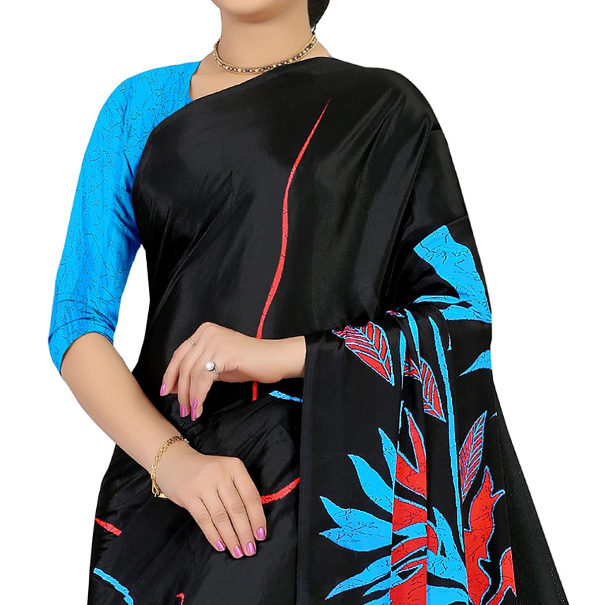 Engrossing Black Colored Casual Wear Printed Satin Saree - Peachmode
