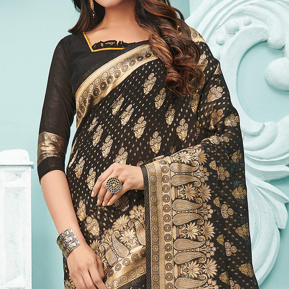 Engrossing Black Colored Festive Wear Woven Cotton Handloom Saree - Peachmode