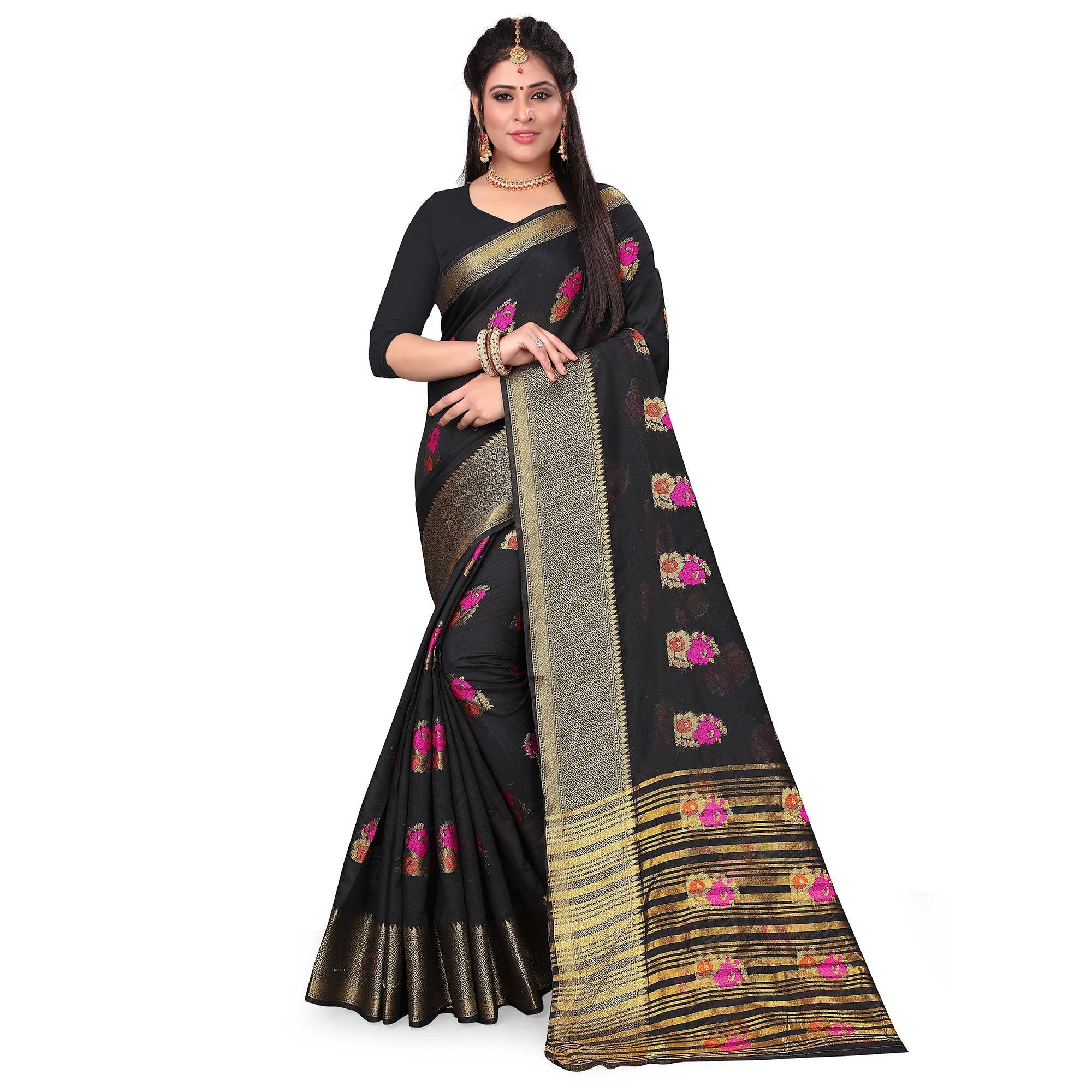 Engrossing Black Colored Festive Wear Woven Cotton Silk Saree - Peachmode