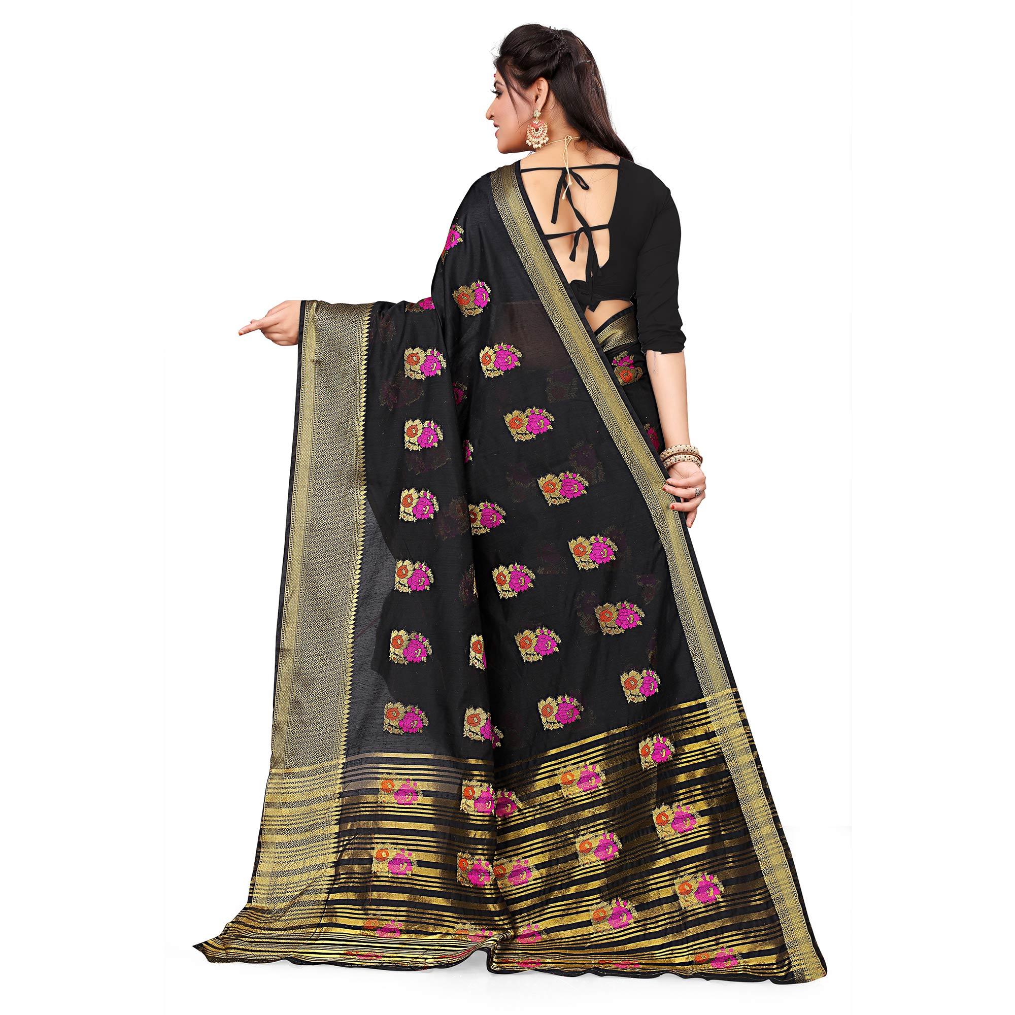 Engrossing Black Colored Festive Wear Woven Cotton Silk Saree - Peachmode