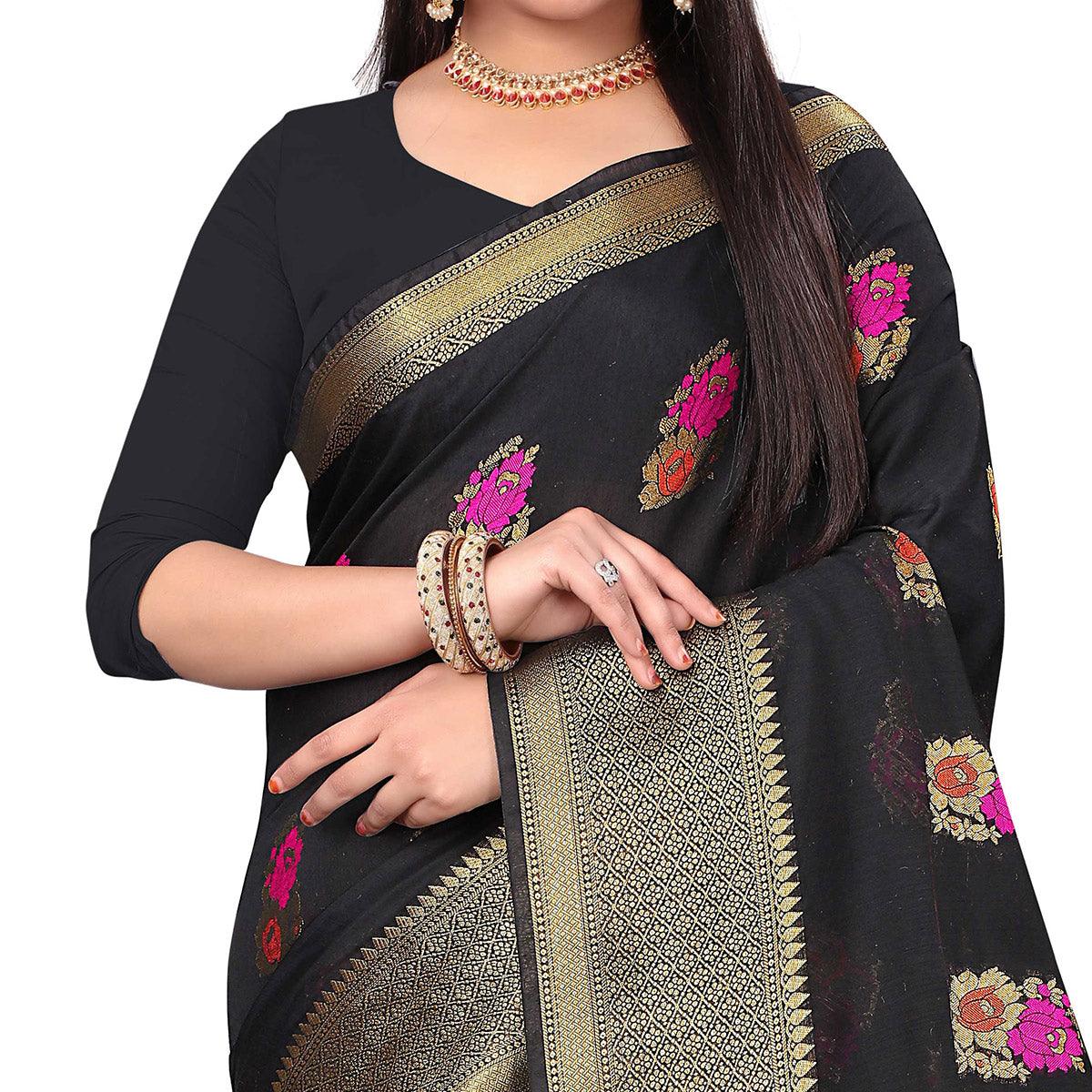 Engrossing Black Colored Festive Wear Woven Cotton Silk Saree - Peachmode