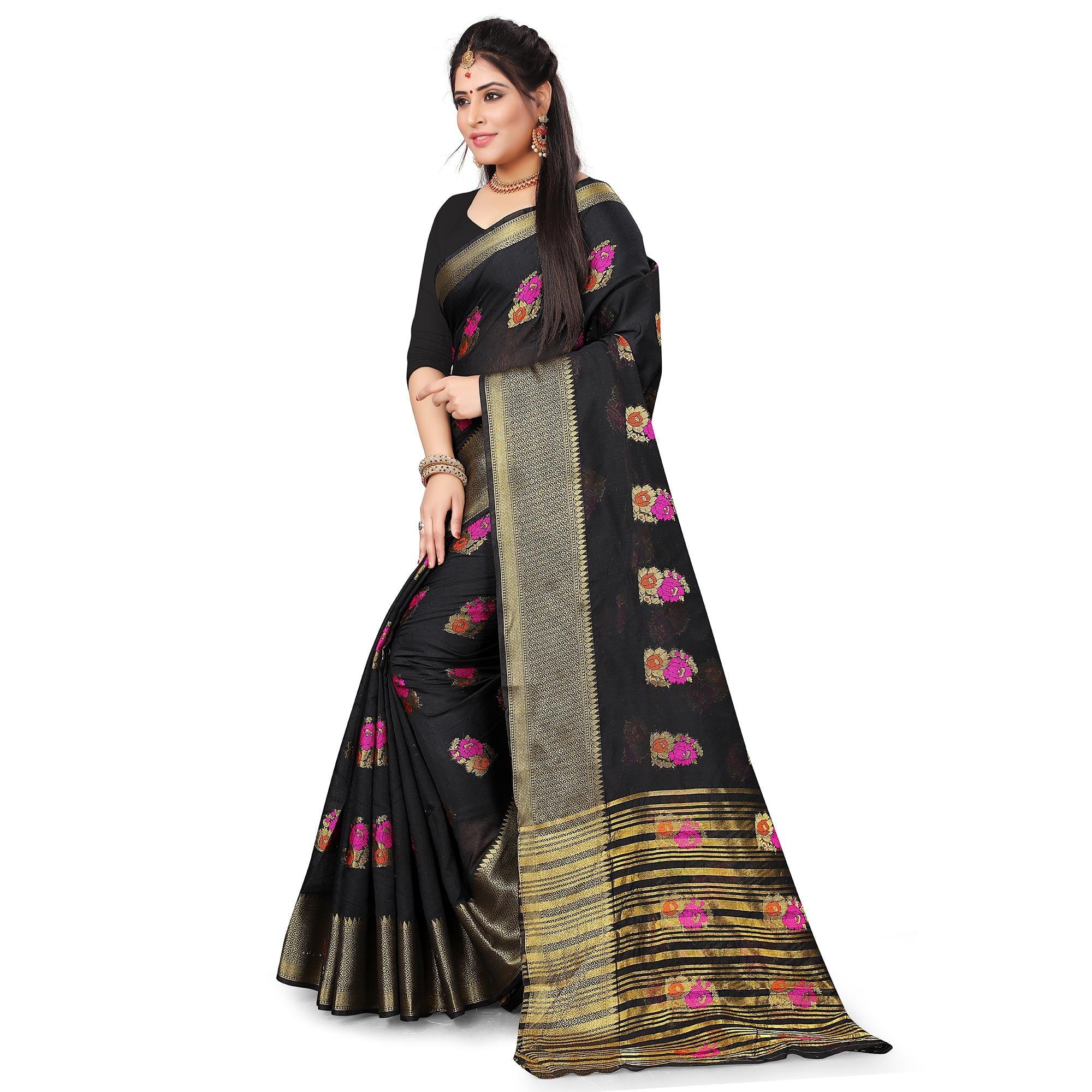 Engrossing Black Colored Festive Wear Woven Cotton Silk Saree - Peachmode
