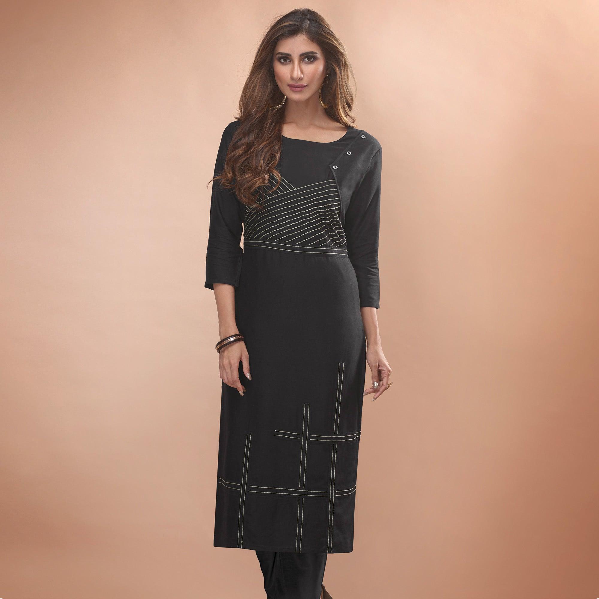 Engrossing Black Colored Partywear Embroidered Viscose Kurti - Peachmode