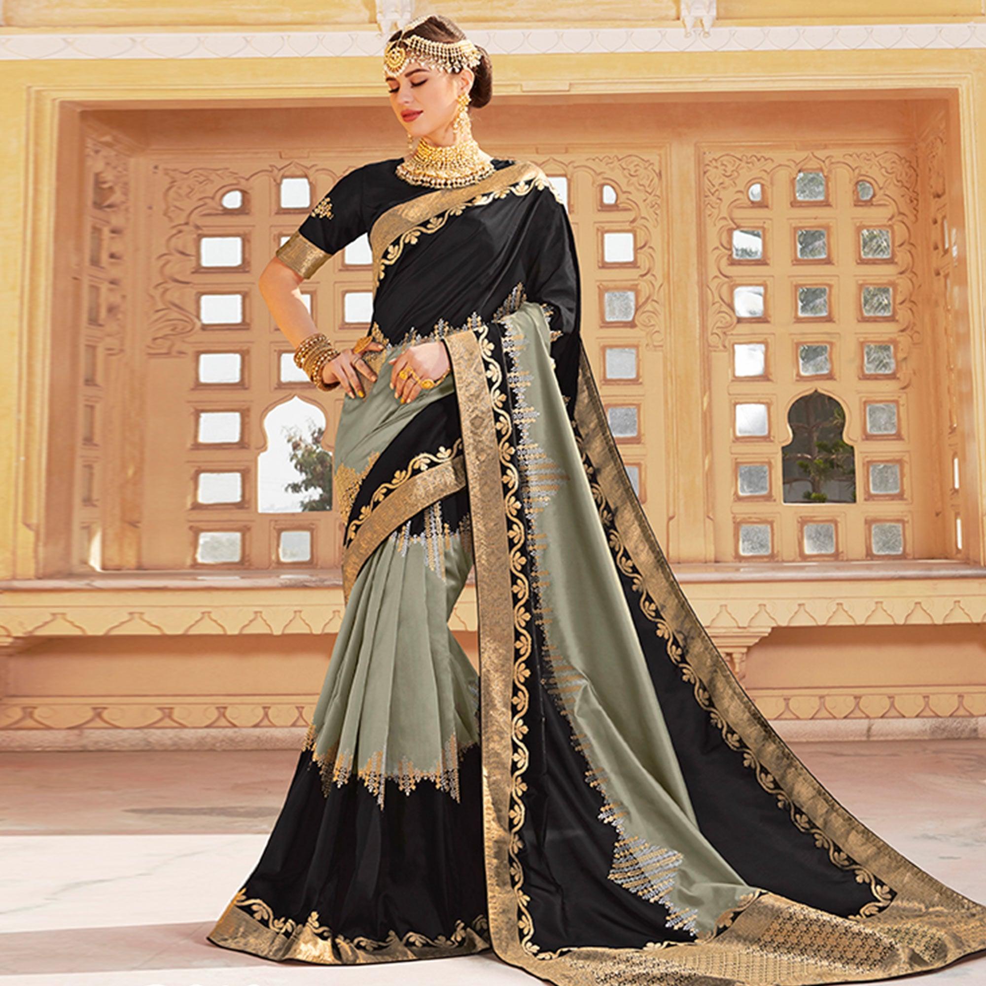 Engrossing Black-Grey Colored Festive Wear Woven Silk Saree - Peachmode
