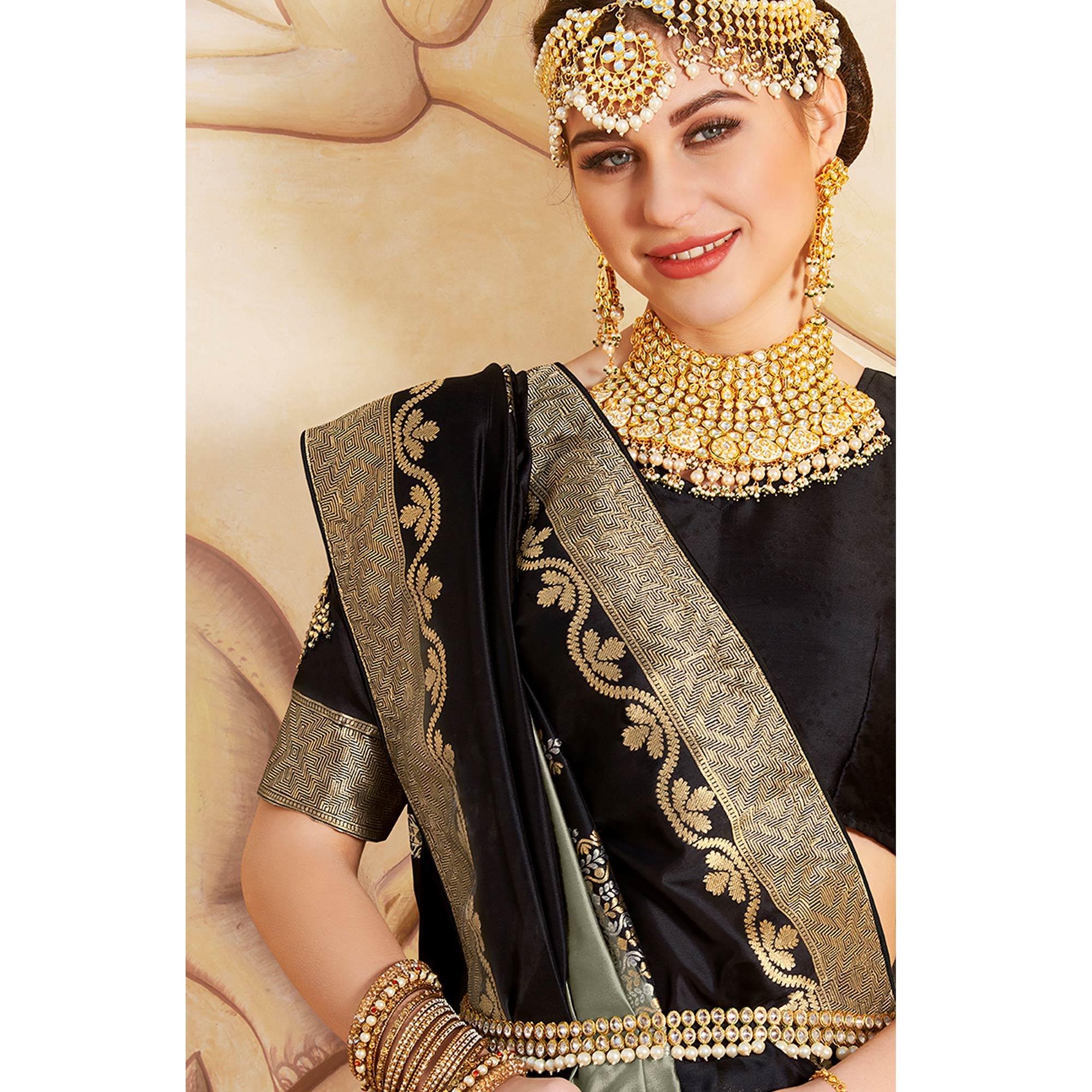 Engrossing Black-Grey Colored Festive Wear Woven Silk Saree - Peachmode