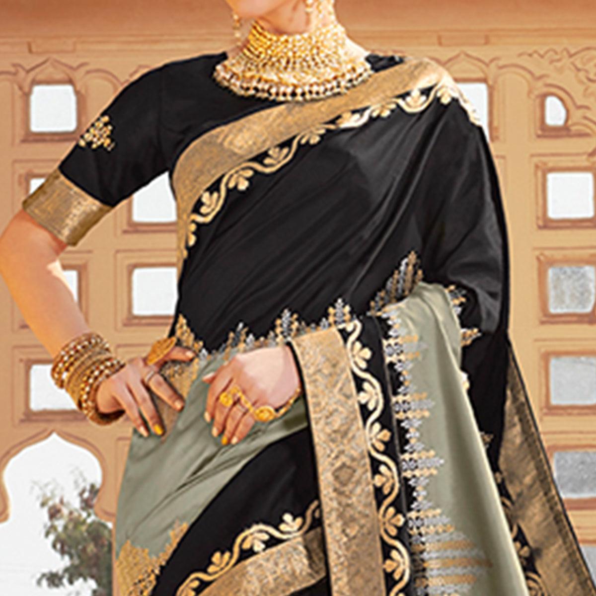 Engrossing Black-Grey Colored Festive Wear Woven Silk Saree - Peachmode