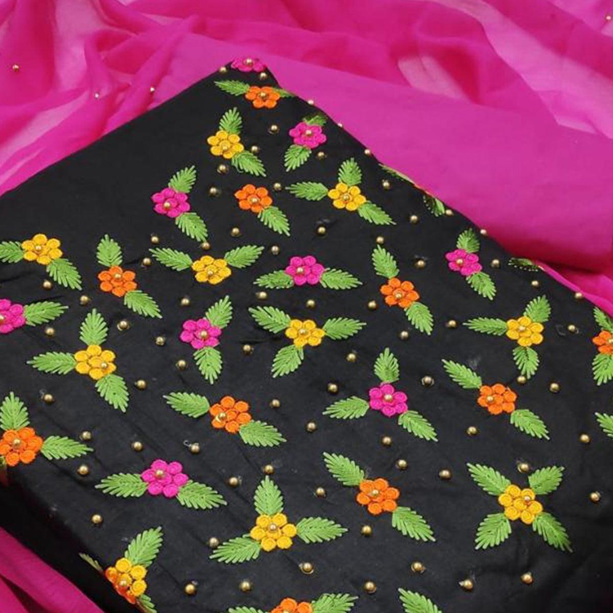Engrossing Black - Pink Colored Casual Wear Embroidered Cotton Dress Material - Peachmode