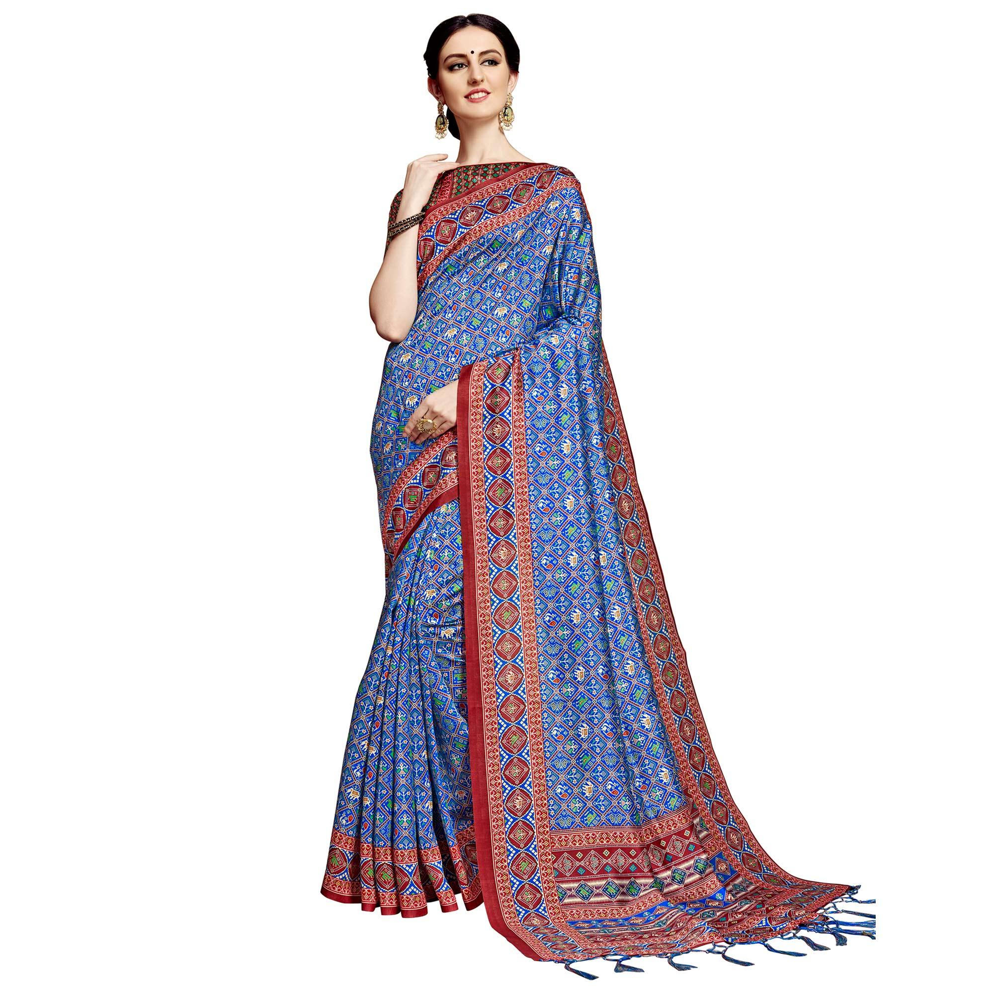Engrossing Blue Colored Festive Wear Printed Silk Saree - Peachmode