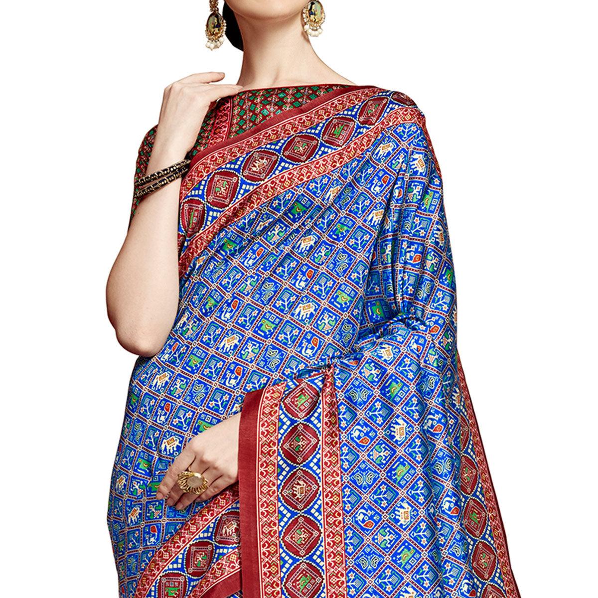 Engrossing Blue Colored Festive Wear Printed Silk Saree - Peachmode