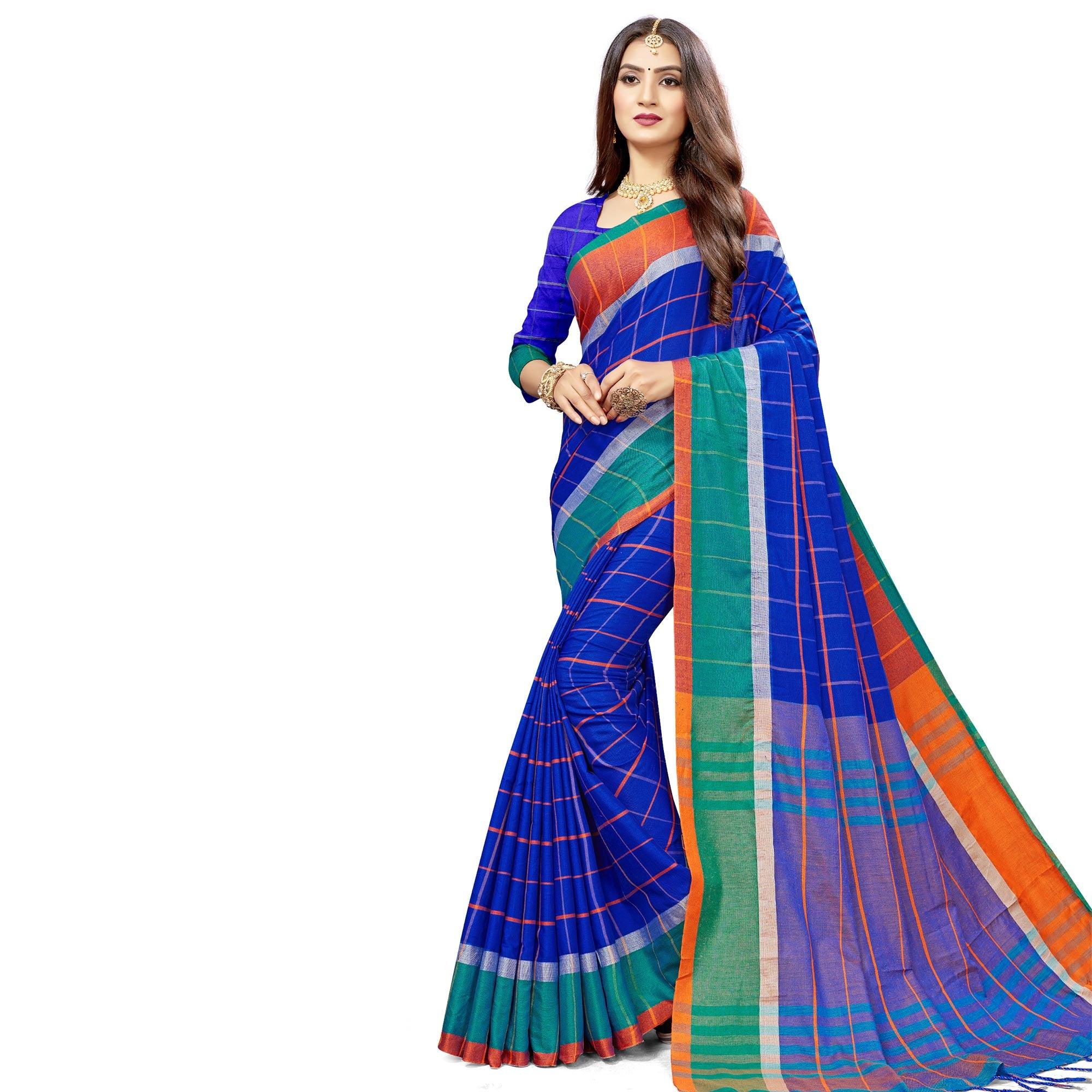 Engrossing Blue Colored Festive Wear Stripe Printed Cotton Silk Saree With Tassels - Peachmode