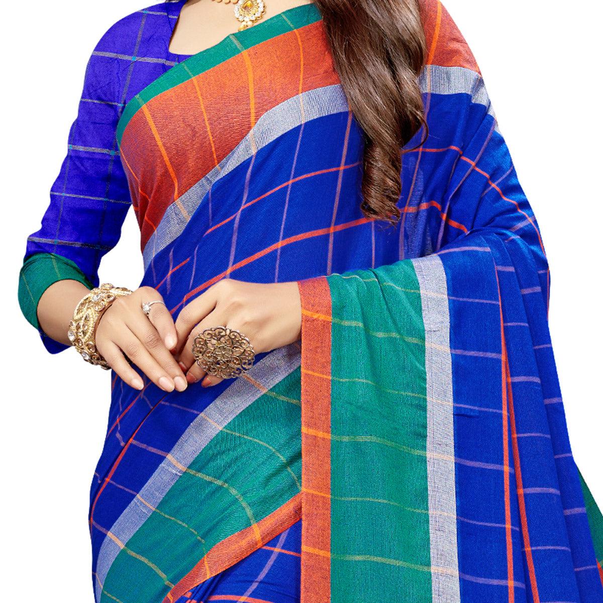 Engrossing Blue Colored Festive Wear Stripe Printed Cotton Silk Saree With Tassels - Peachmode