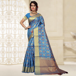 Engrossing Blue Colored Festive Wear Woven Silk Saree - Peachmode
