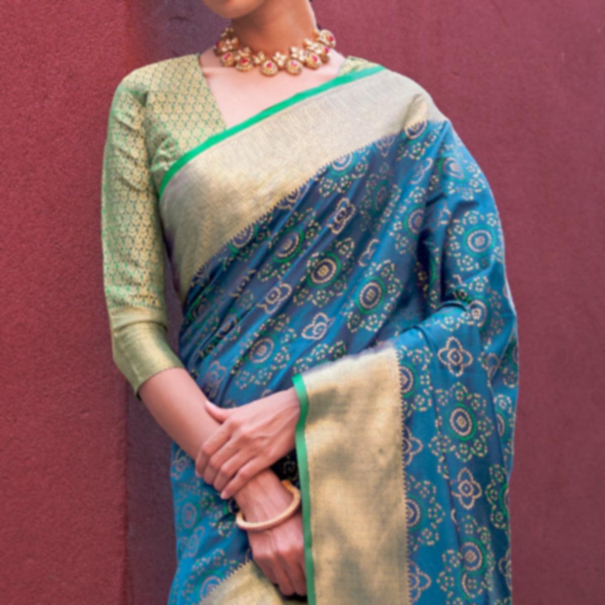 Engrossing Blue Colored Festive Wear Woven Silk Saree - Peachmode