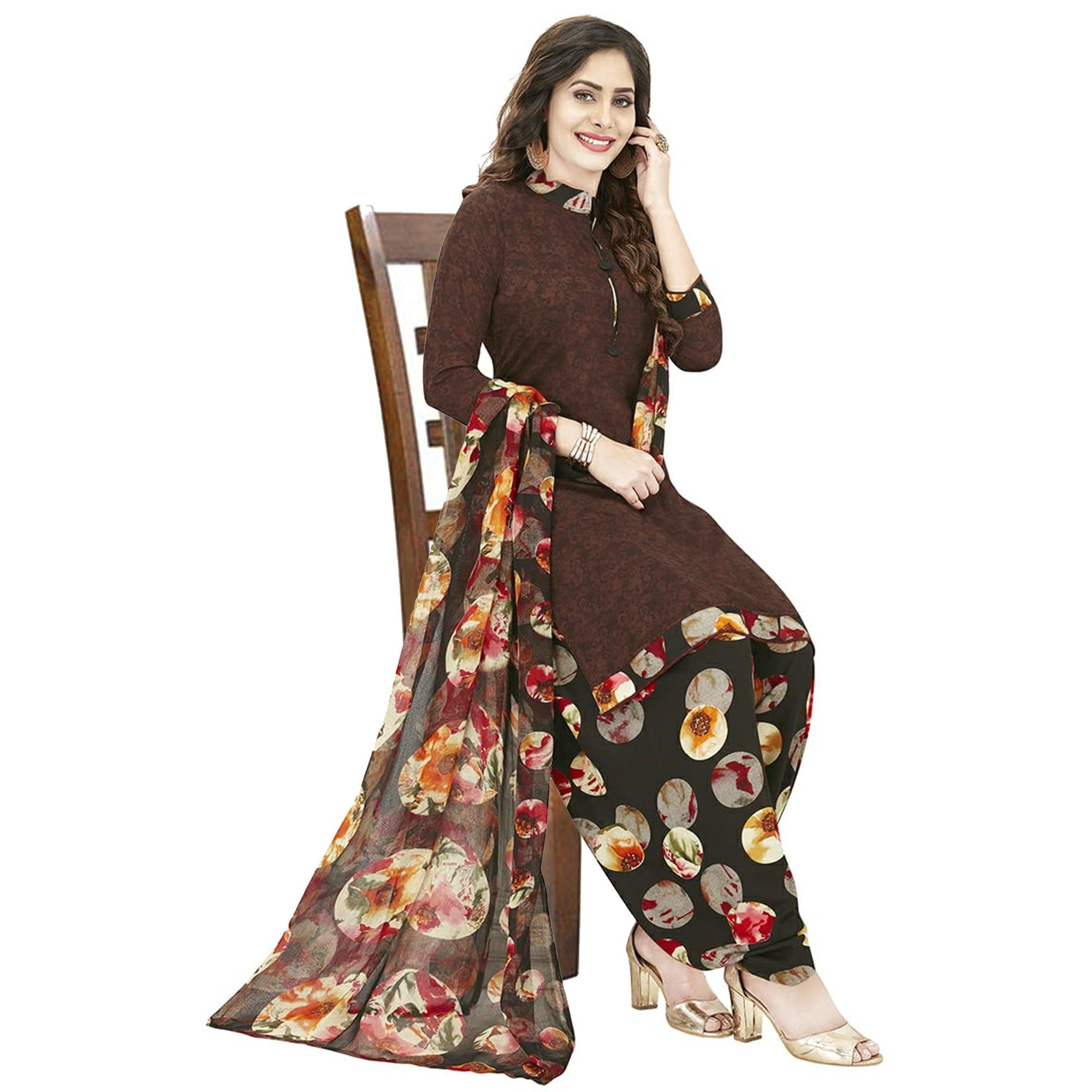 Engrossing Brown Colored Casual Wear Printed Crepe Patiala Dress Material - Peachmode