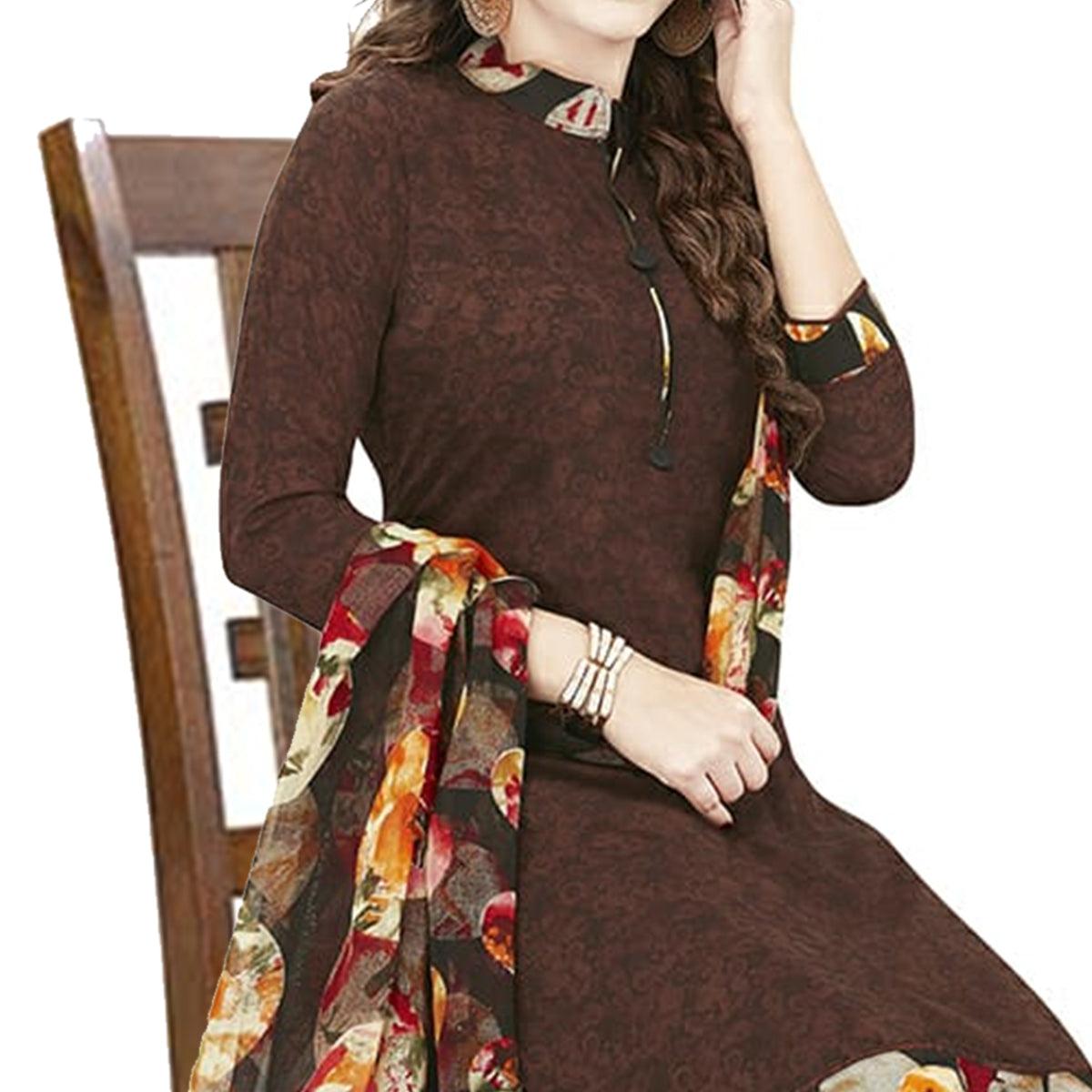 Engrossing Brown Colored Casual Wear Printed Crepe Patiala Dress Material - Peachmode