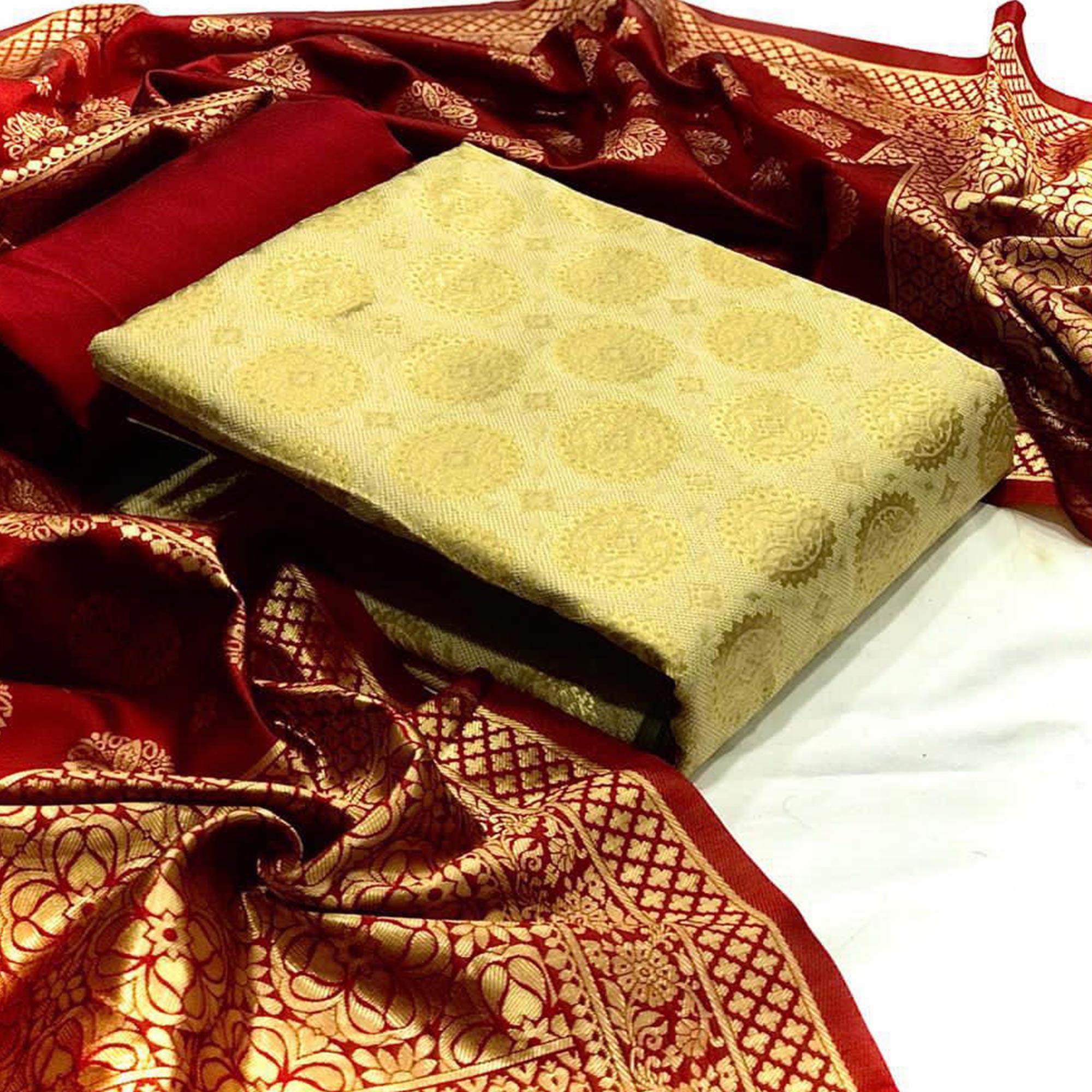 Engrossing Chiku Colored Casual Wear Banarasi Silk Dress Material - Peachmode