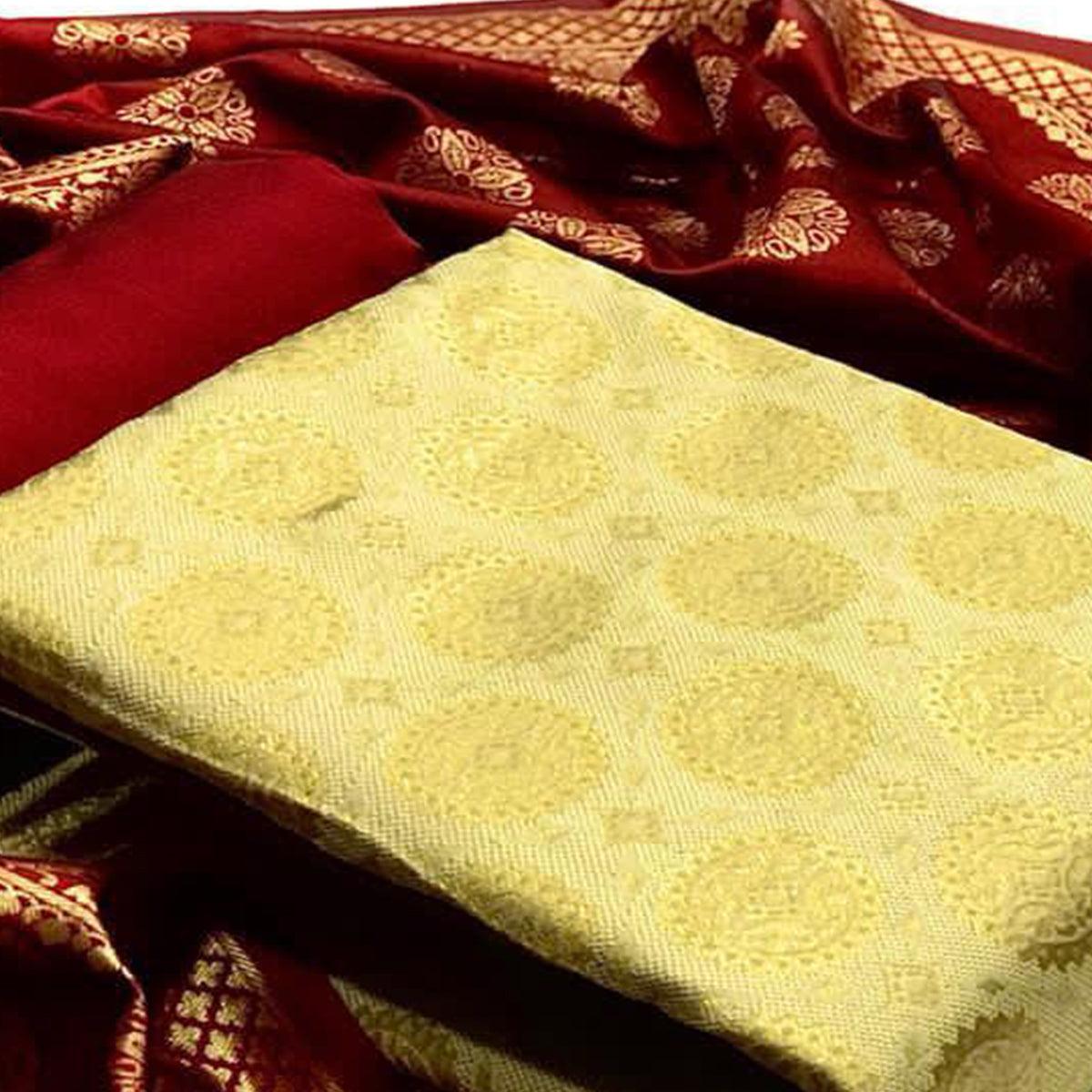 Engrossing Chiku Colored Casual Wear Banarasi Silk Dress Material - Peachmode