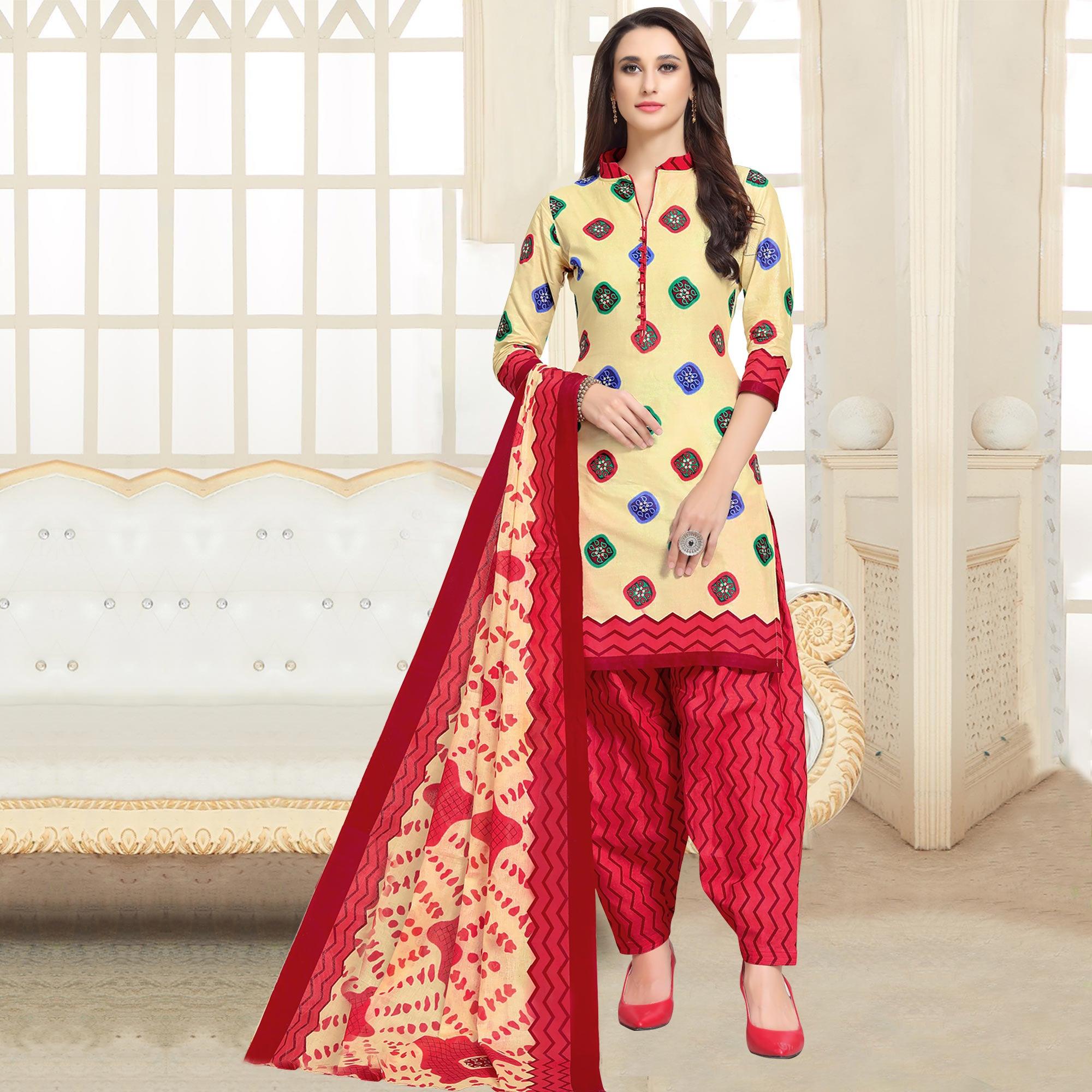 Engrossing Cream-Red Colored Casual Wear Printed Cotton Patiala Dress Material - Peachmode
