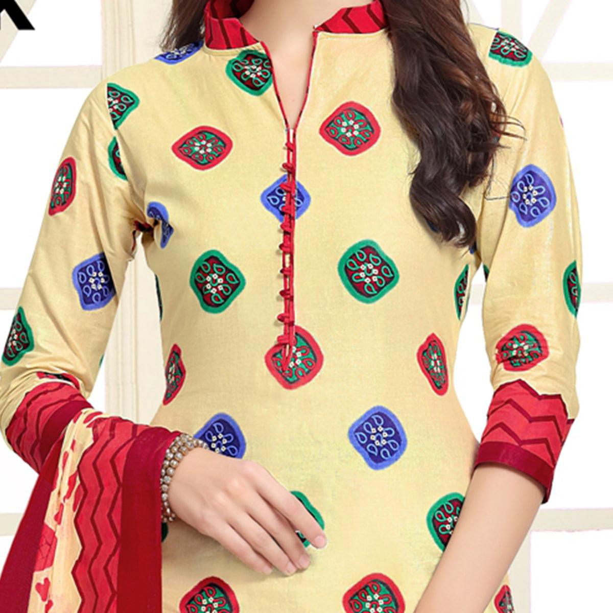 Engrossing Cream-Red Colored Casual Wear Printed Cotton Patiala Dress Material - Peachmode