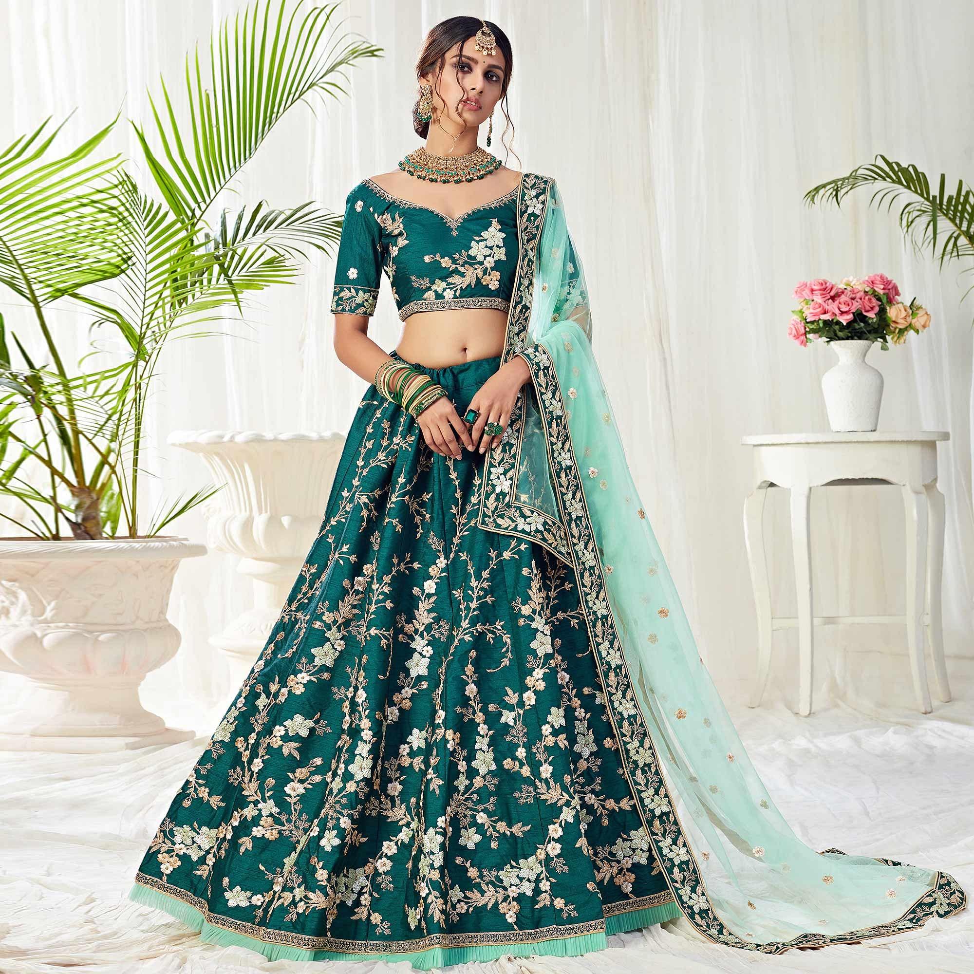 Engrossing Dark Green Colored Cording Thread & Sequence Embroidery Designer Wedding Wear Net With Mulberry  Lehenga Choli - Peachmode