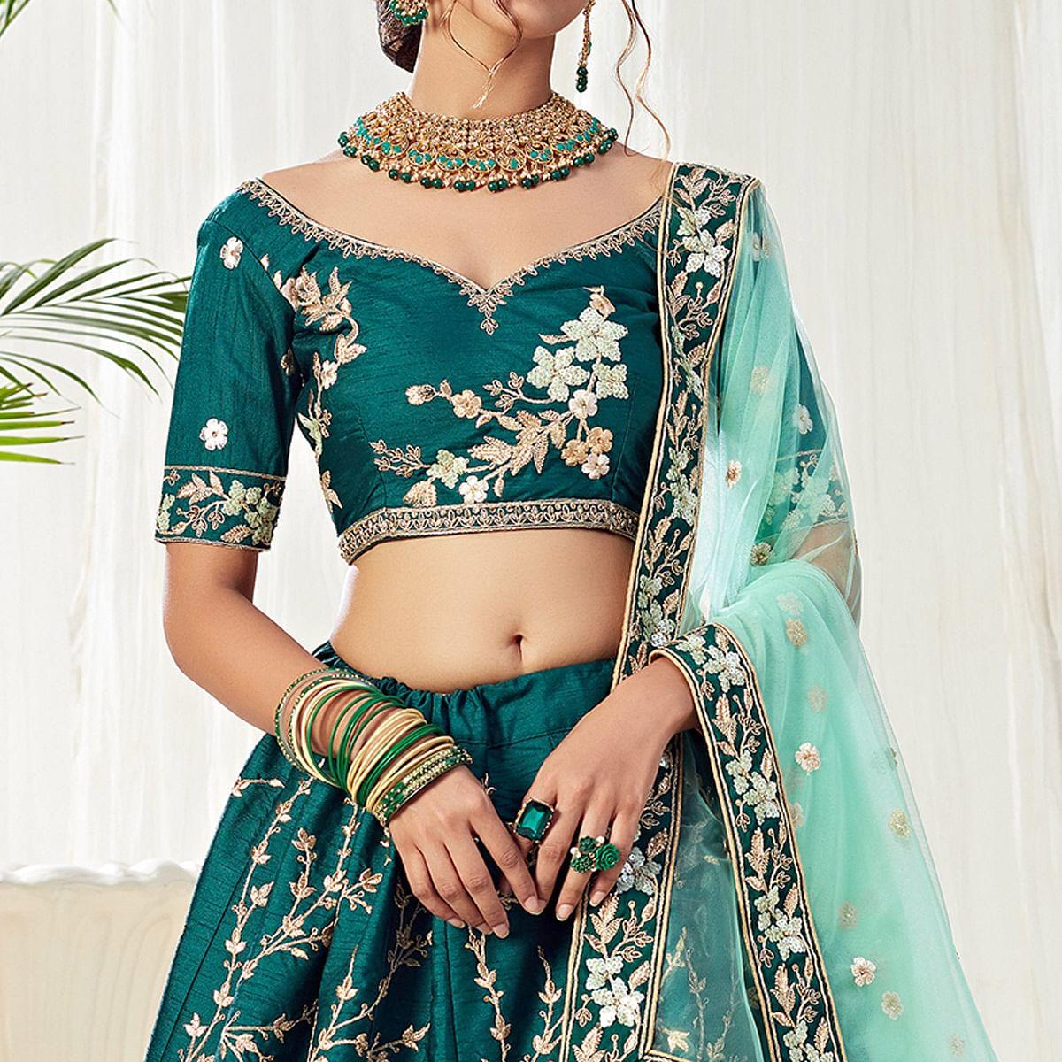 Engrossing Dark Green Colored Cording Thread & Sequence Embroidery Designer Wedding Wear Net With Mulberry  Lehenga Choli - Peachmode