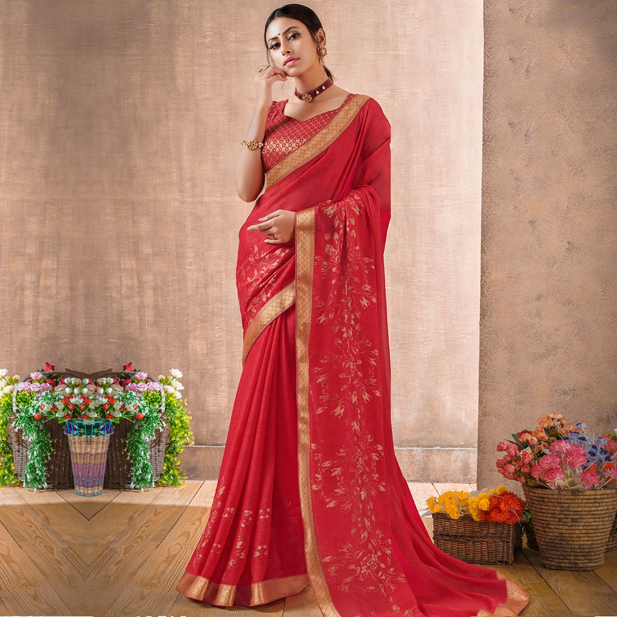Engrossing Deep Pink Colored Festive Wear Foil Printed Georgette Saree - Peachmode