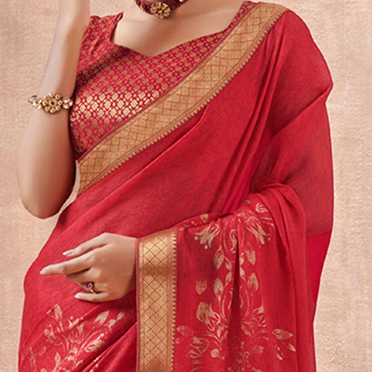 Engrossing Deep Pink Colored Festive Wear Foil Printed Georgette Saree - Peachmode