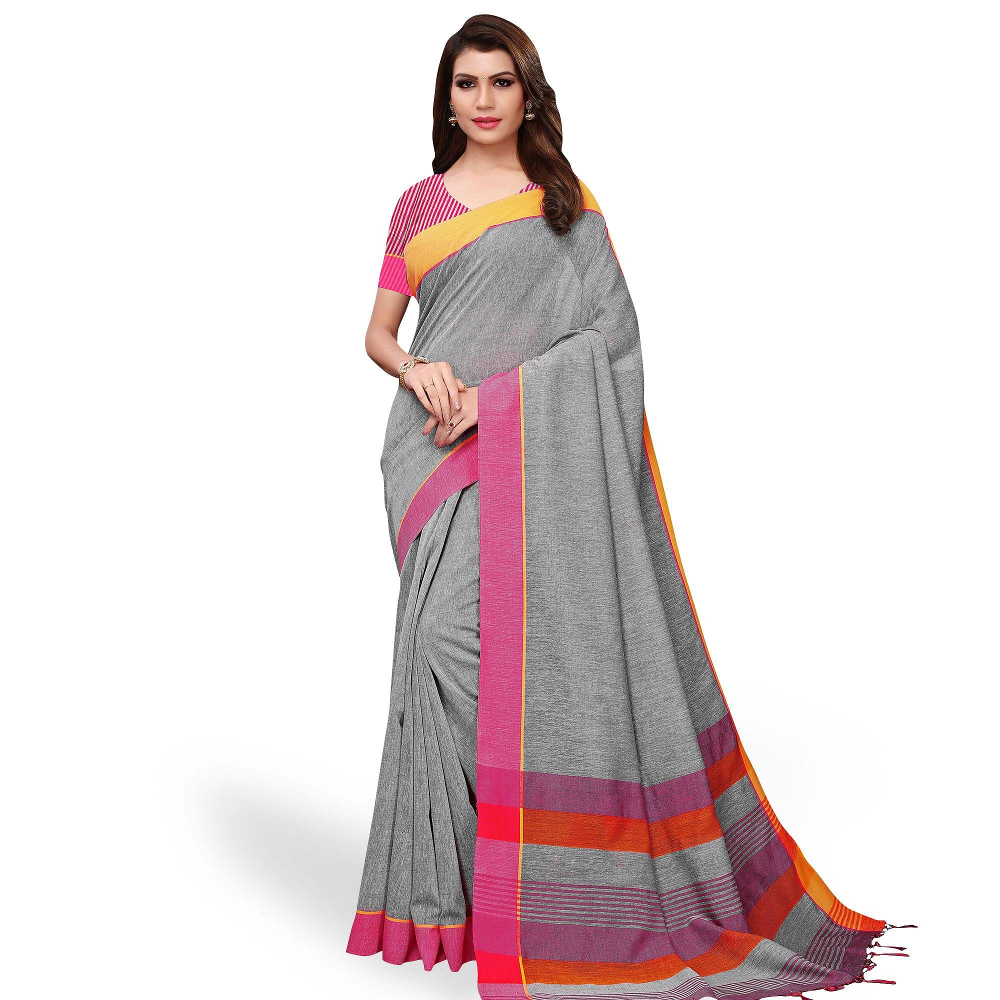 Engrossing Gray Colored Casual Wear Linen Saree - Peachmode