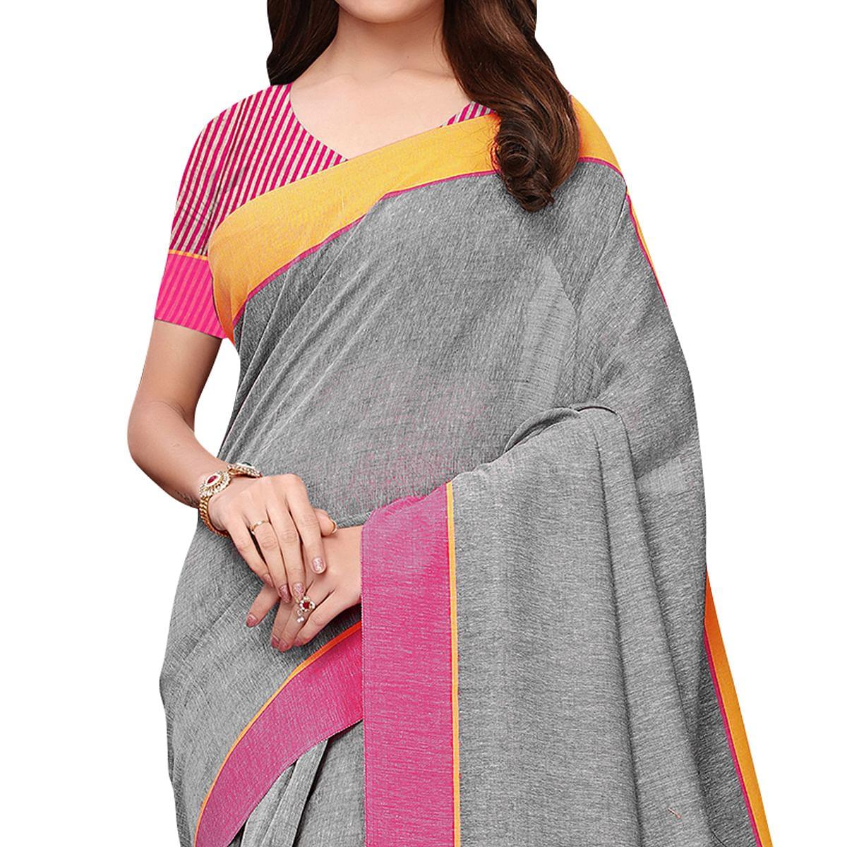 Engrossing Gray Colored Casual Wear Linen Saree - Peachmode