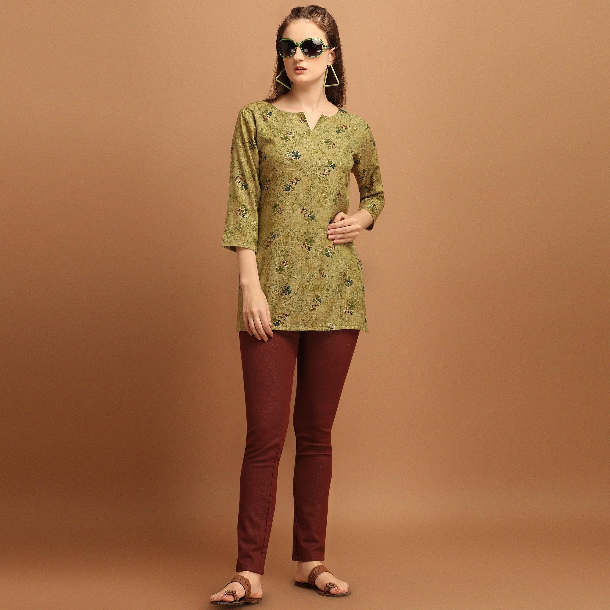 Engrossing Green Colored Casual Wear Printed Rayon Top - Peachmode