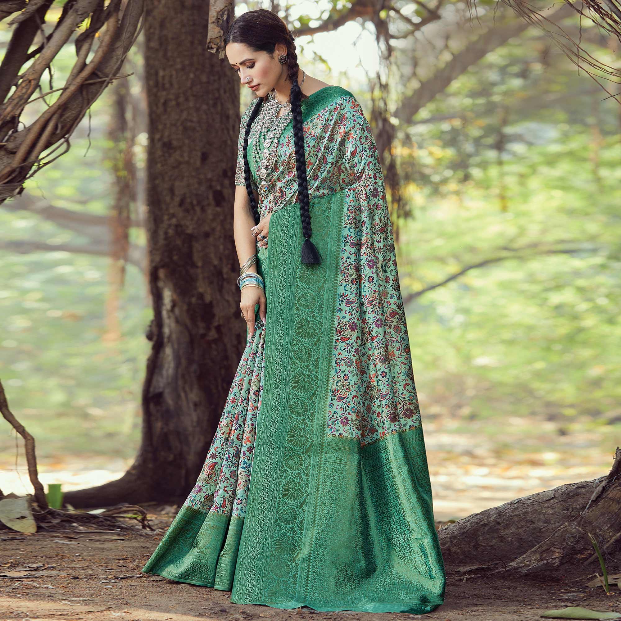 Engrossing Green Colored Festive Wear Digital Printed Silk Saree - Peachmode