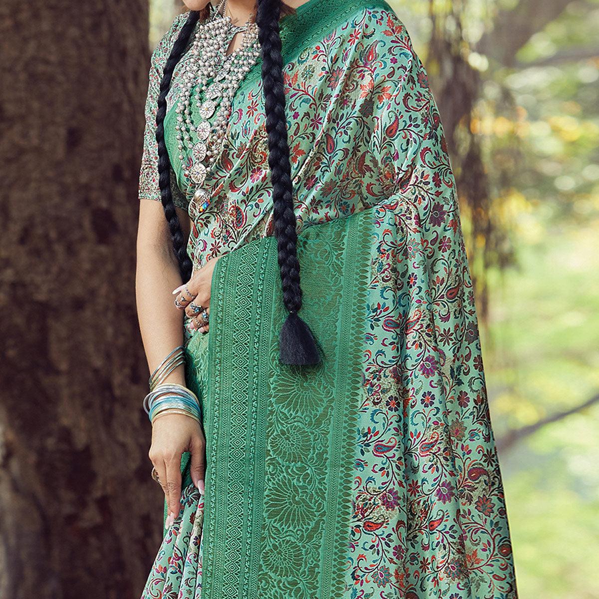 Engrossing Green Colored Festive Wear Digital Printed Silk Saree - Peachmode