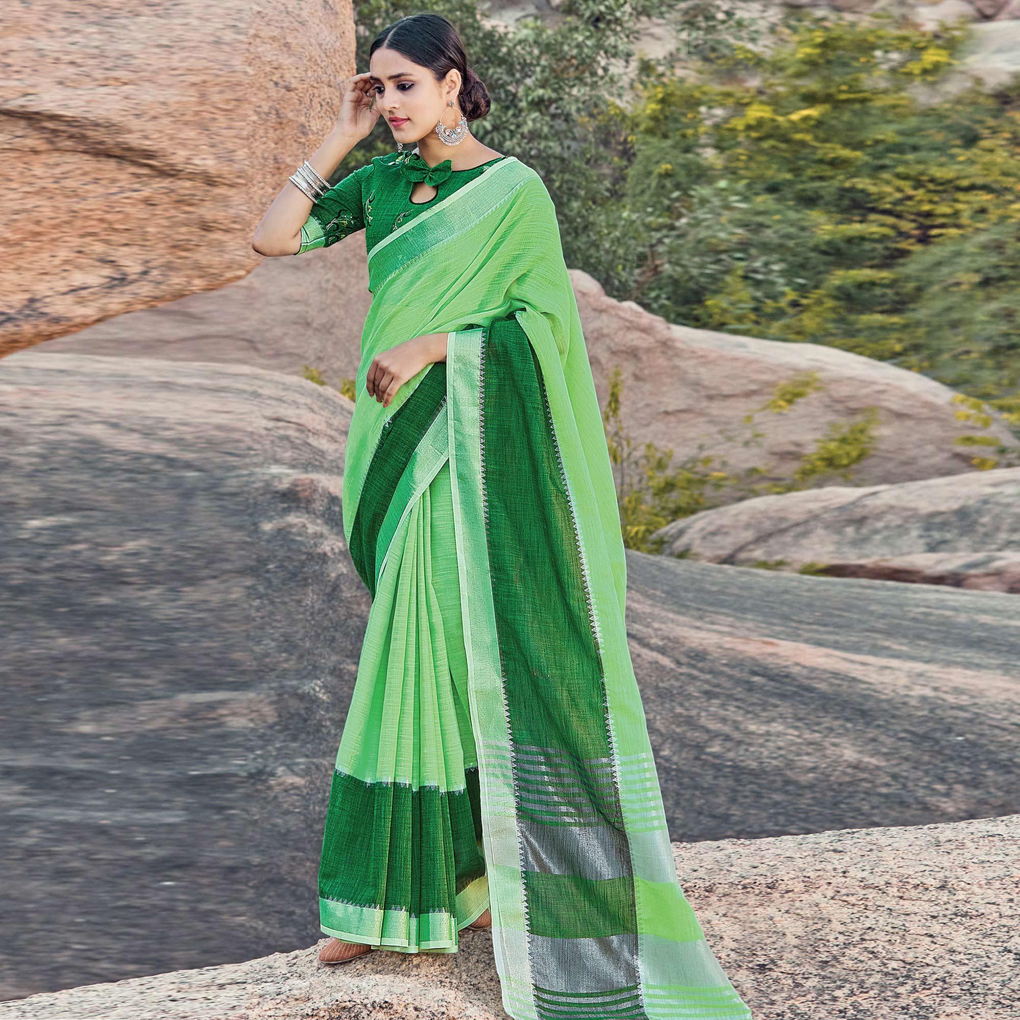 Engrossing Green Colored Festive Wear Woven Linen Saree - Peachmode