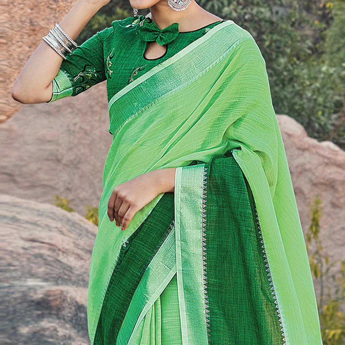 Engrossing Green Colored Festive Wear Woven Linen Saree - Peachmode
