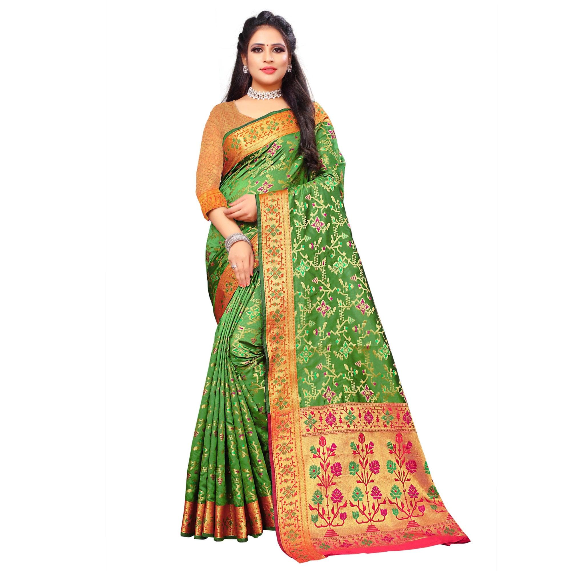 Engrossing Green Colored Festive Wear Woven Silk Saree - Peachmode
