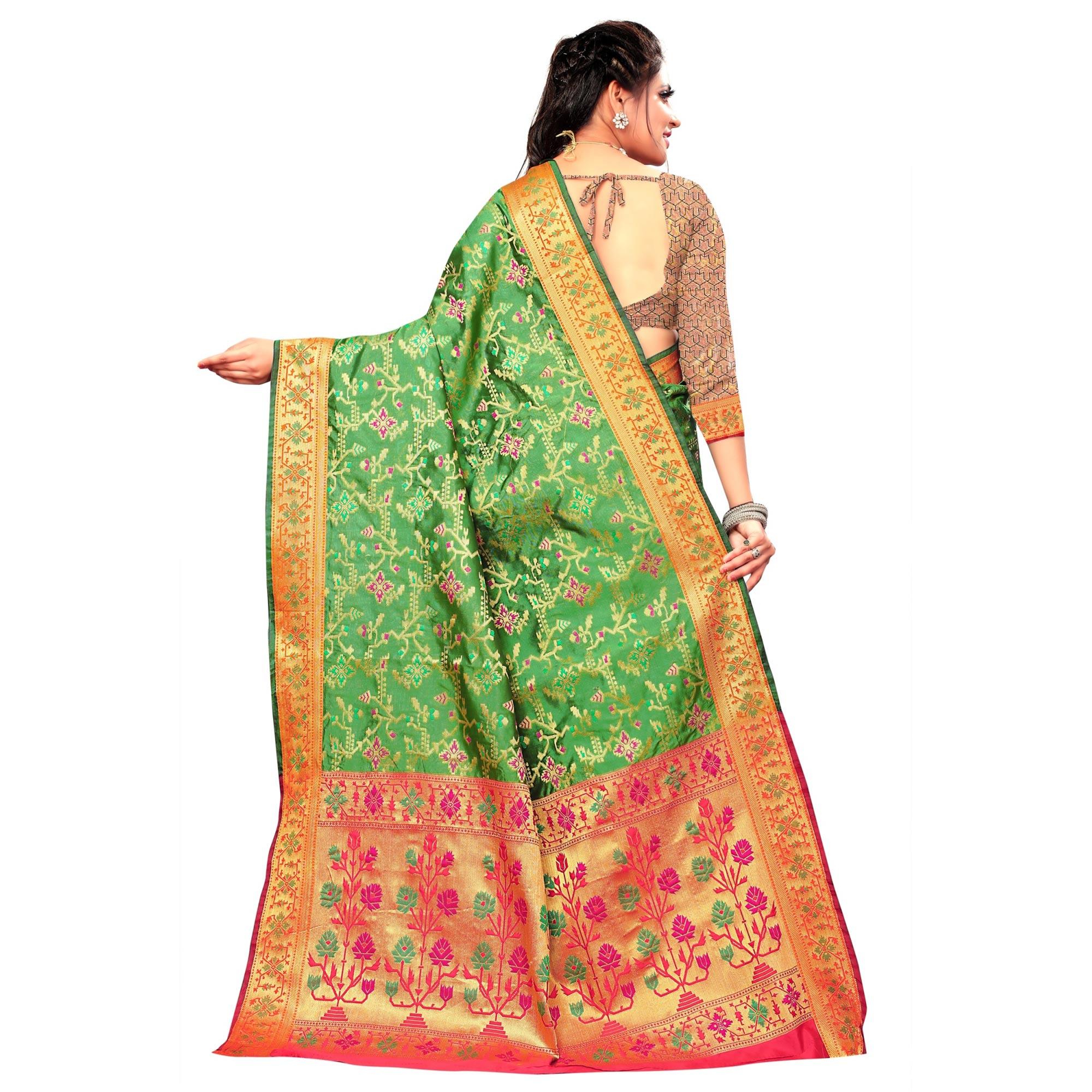 Engrossing Green Colored Festive Wear Woven Silk Saree - Peachmode