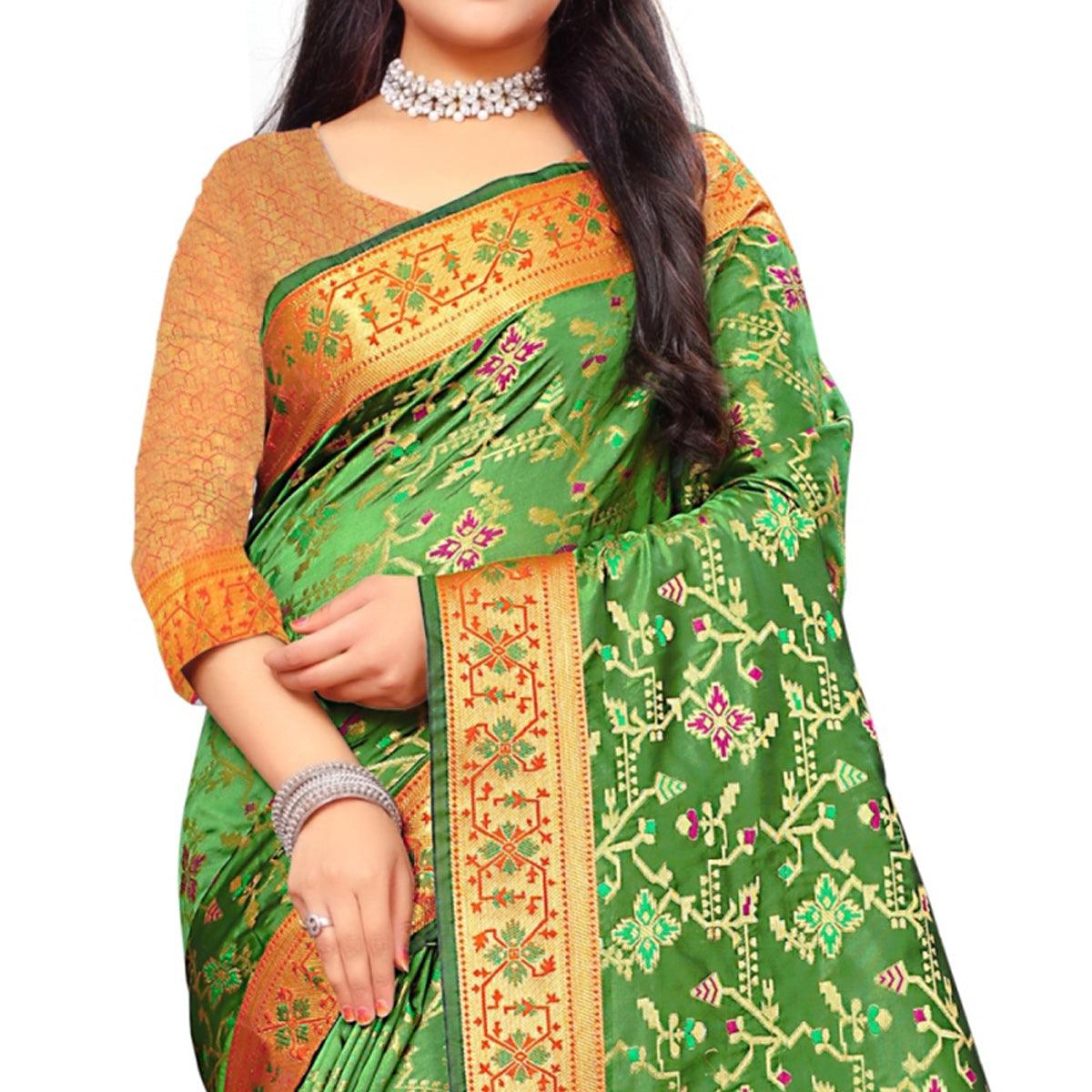 Engrossing Green Colored Festive Wear Woven Silk Saree - Peachmode