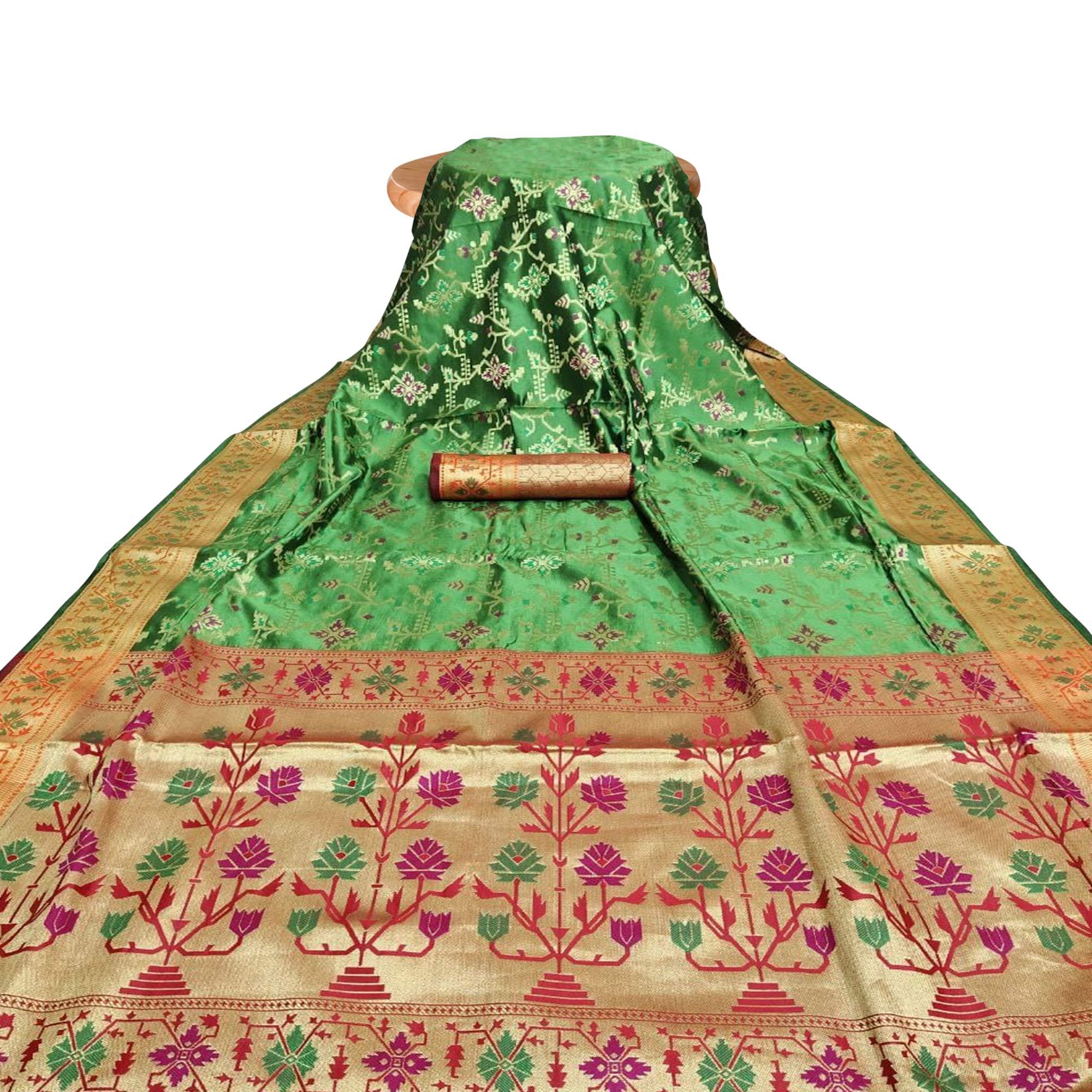 Engrossing Green Colored Festive Wear Woven Silk Saree - Peachmode