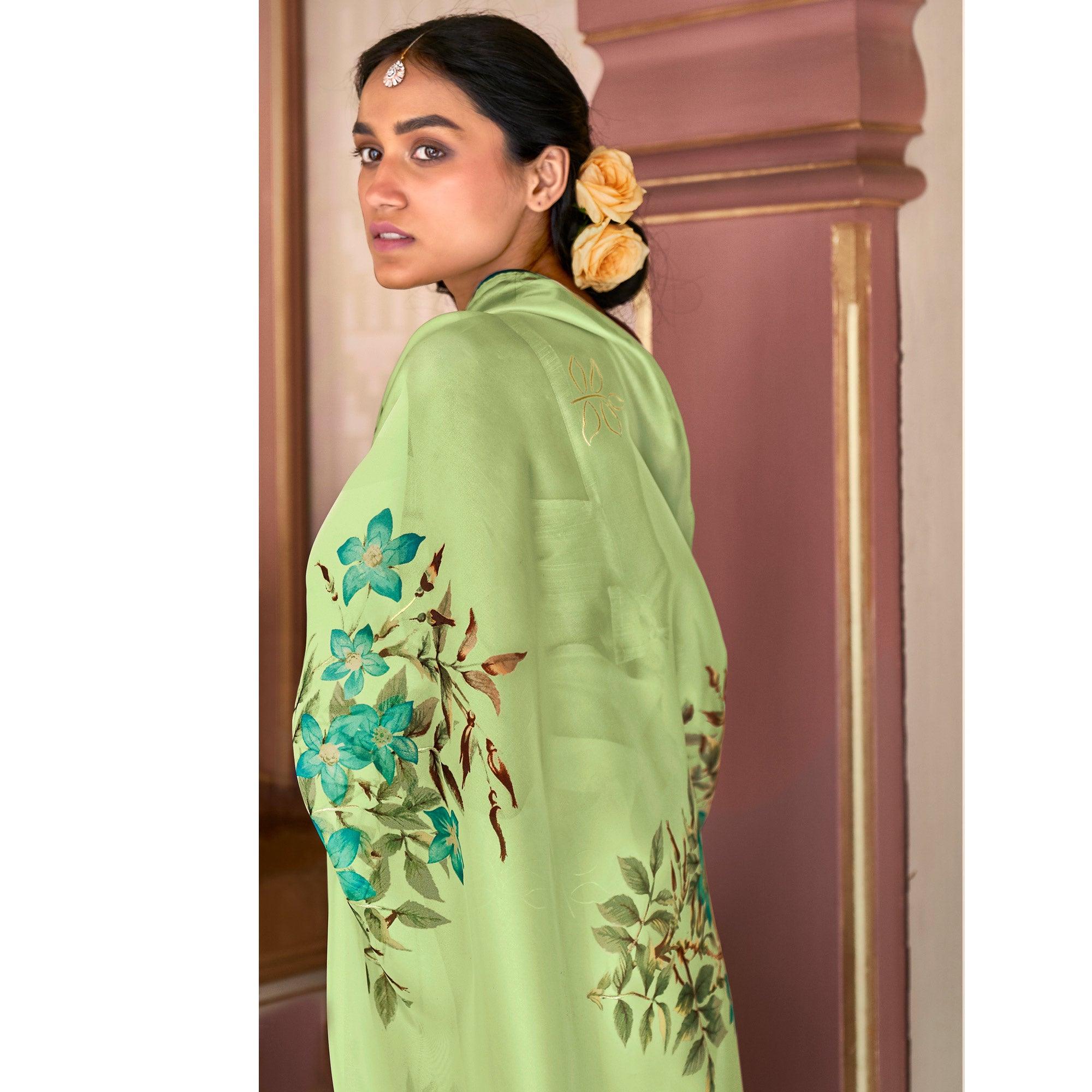 Engrossing Green Colored Floral Digital Printed Party Wear Organza Designer Saree - Peachmode