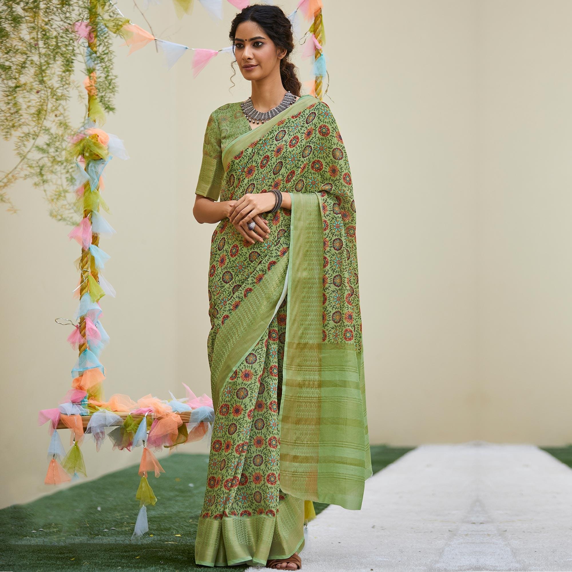 Engrossing Green Colored Party Wear Digital Printed Linen Saree - Peachmode