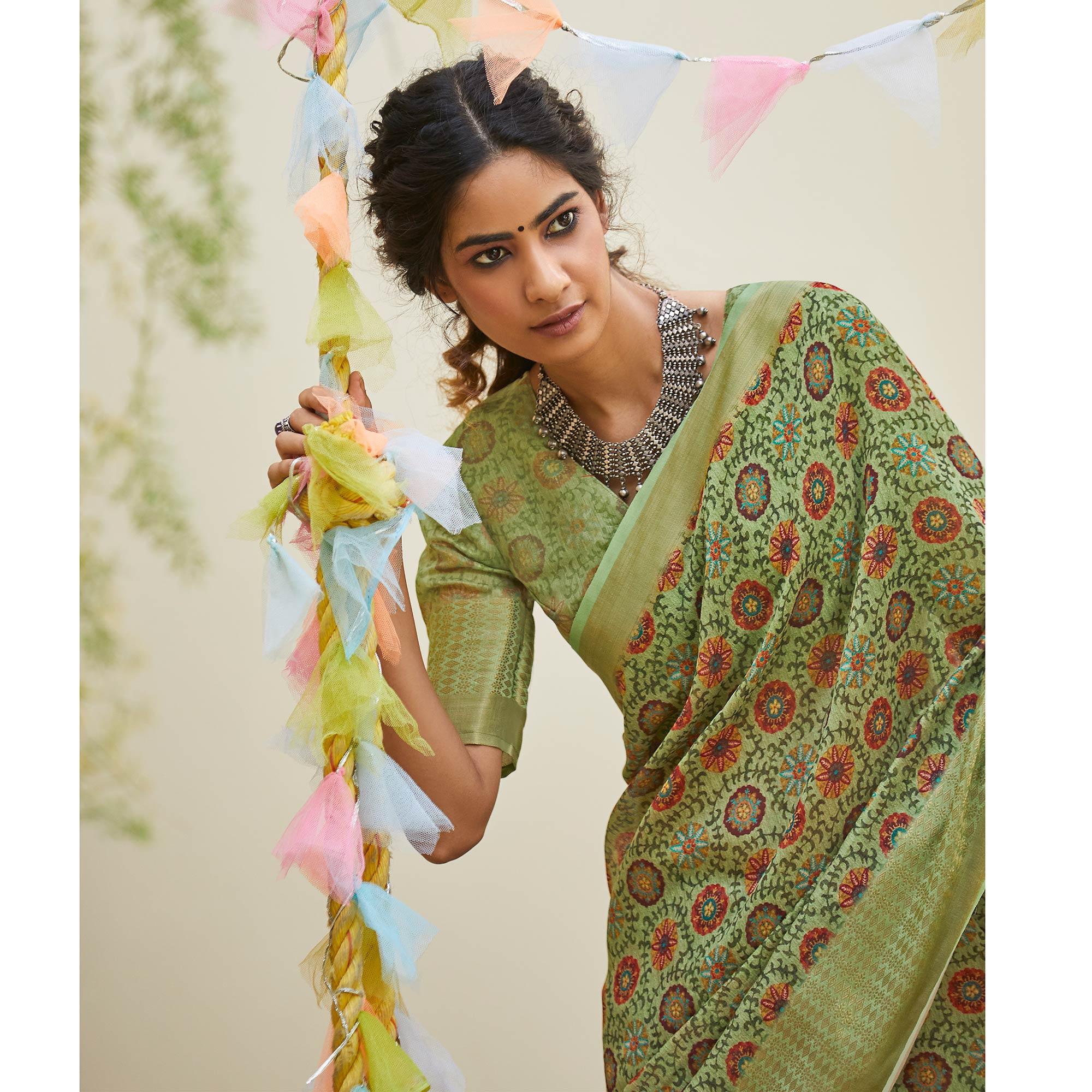 Engrossing Green Colored Party Wear Digital Printed Linen Saree - Peachmode