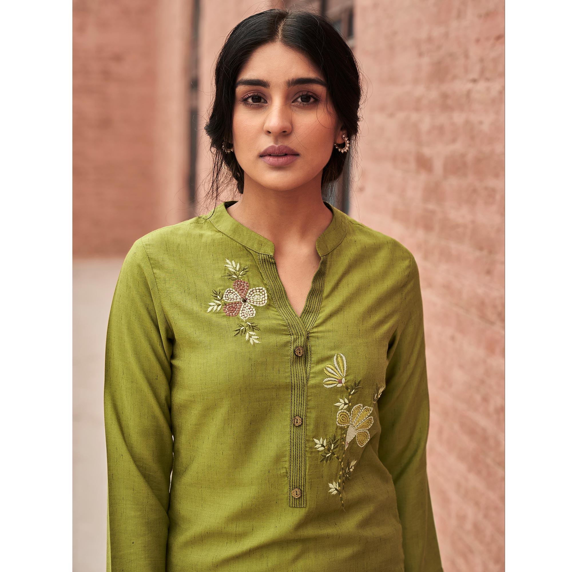 Engrossing Green Colored Partywear Embroidered Pure Viscose Kurti - Peachmode