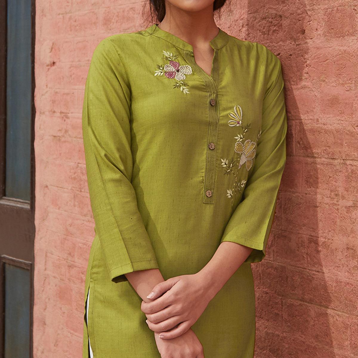 Engrossing Green Colored Partywear Embroidered Pure Viscose Kurti - Peachmode