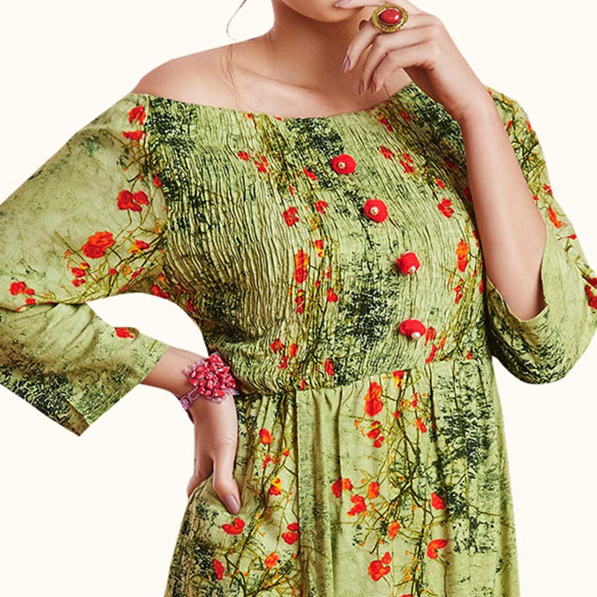 Engrossing Green Colored Partywear Printed Rayon Kurti - Peachmode