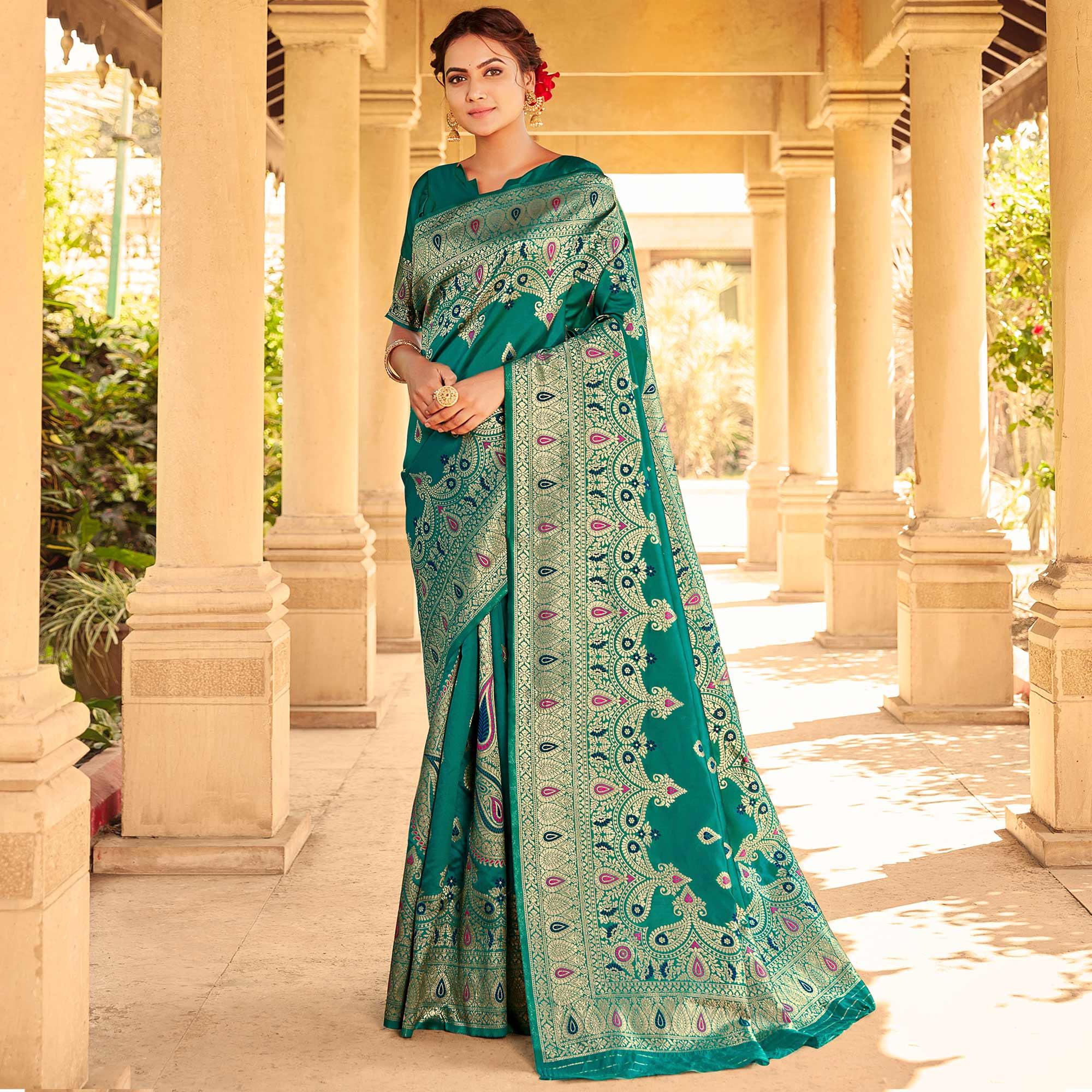 Engrossing Green Coloured Designer Partywear Weaving Silk Saree - Peachmode